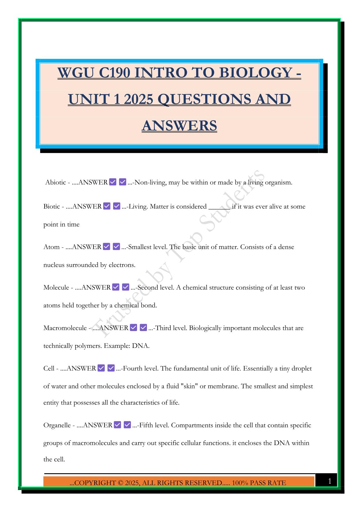 WGU C190 INTRO TO BIOLOGY - UNIT 1 2025 QUESTIONS AND ANSWERS