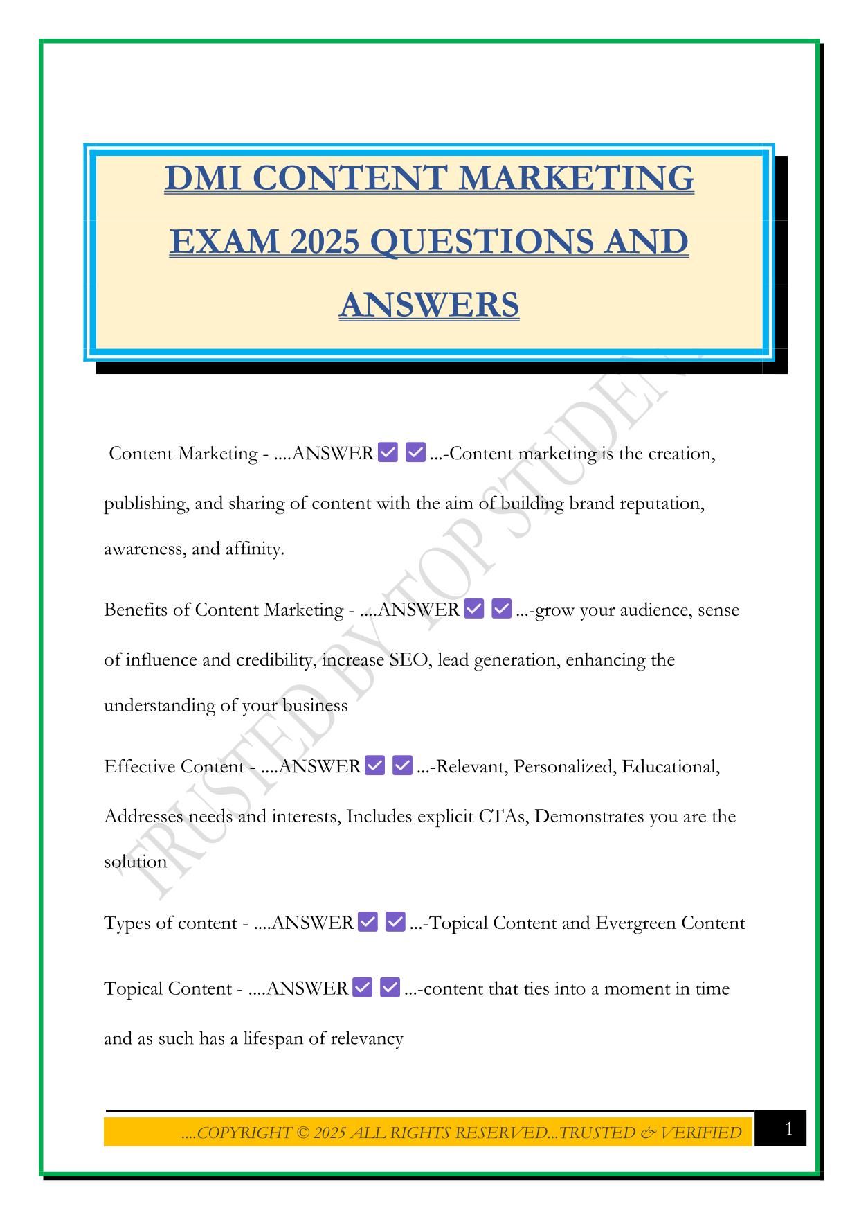 DMI CONTENT MARKETING EXAM 2025 QUESTIONS AND ANSWERS
