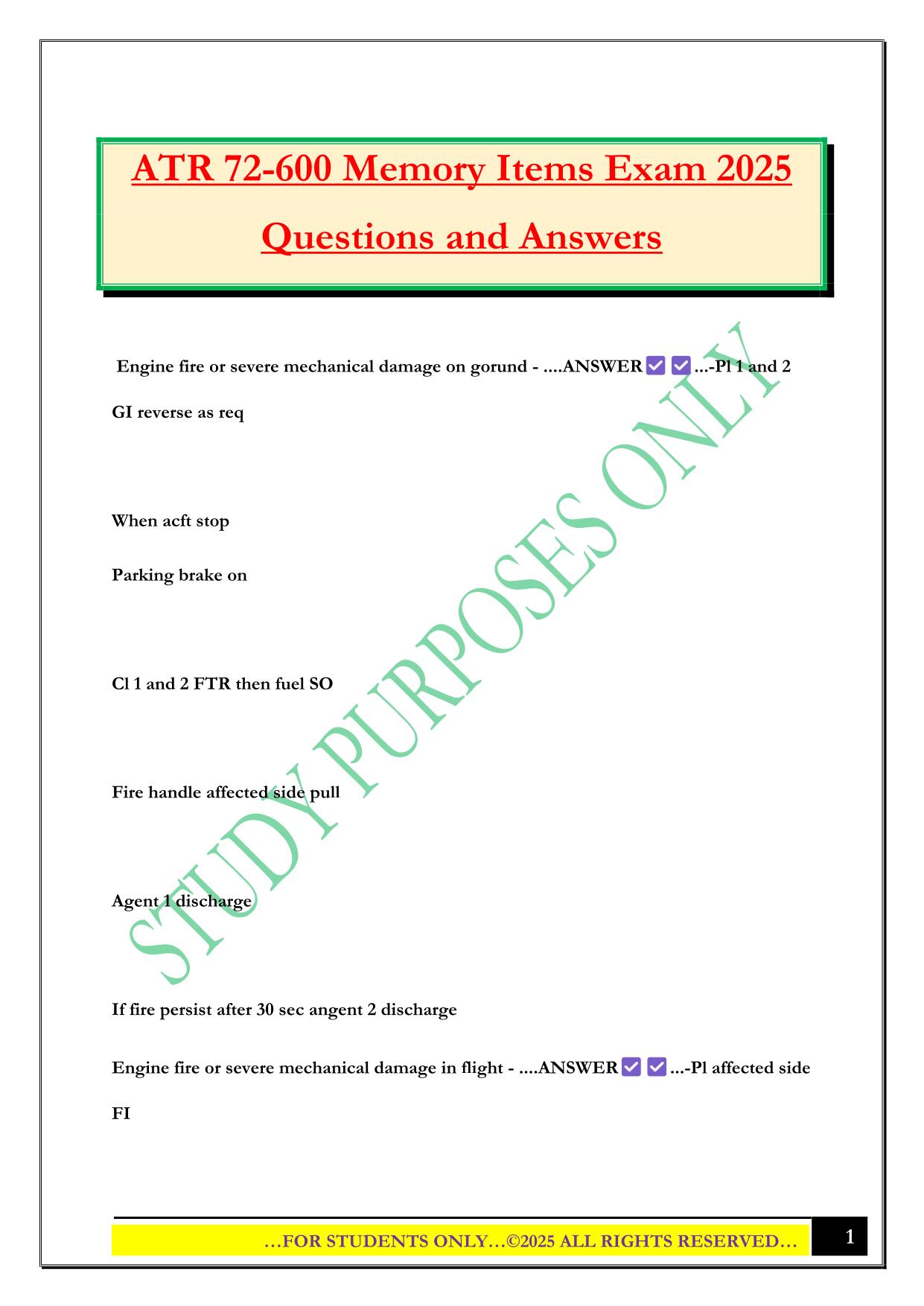 ATR 72-600 Memory Items Exam 2025 Questions and Answers