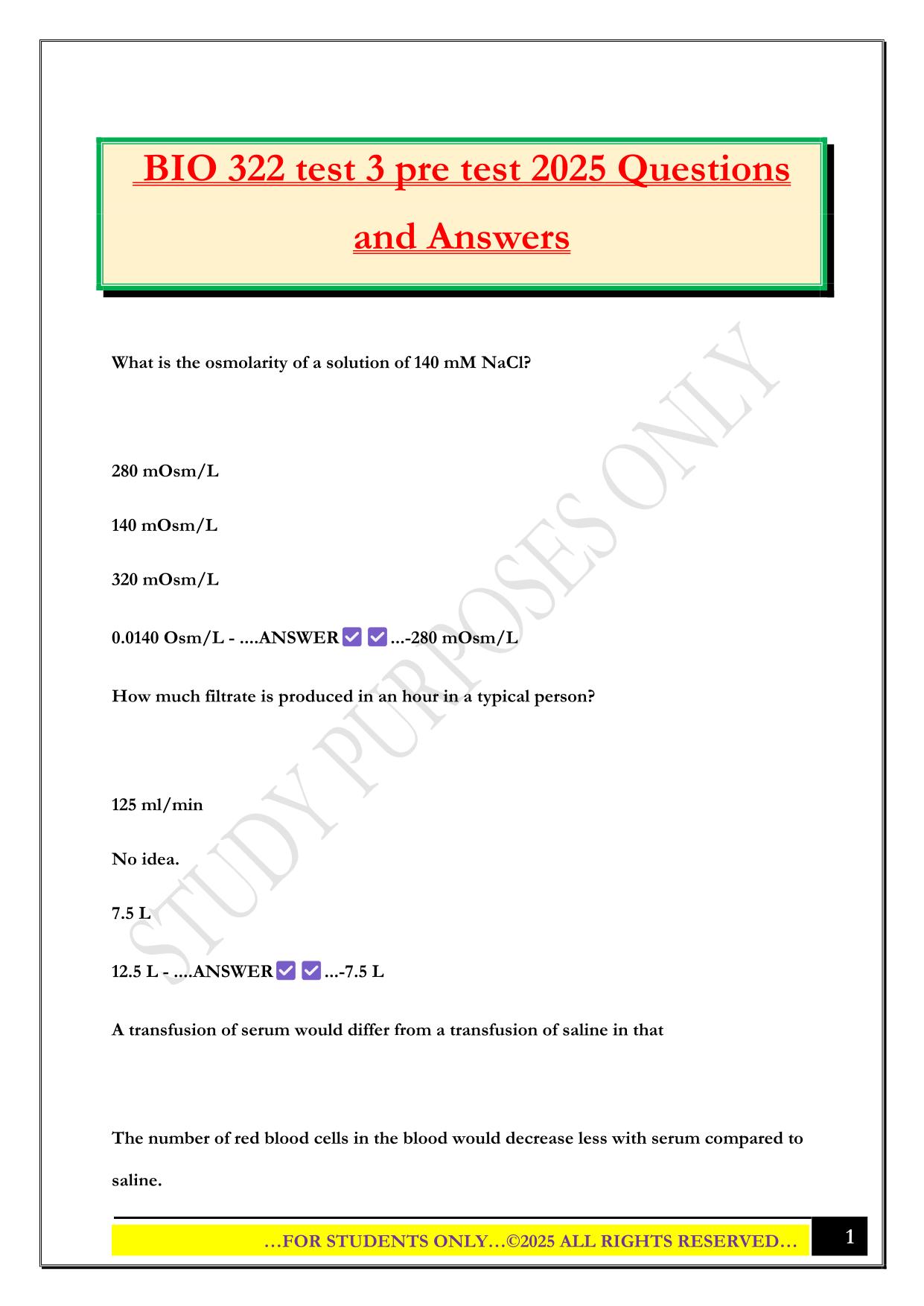 BIO 322 test 3 pre test 2025 Questions and Answers