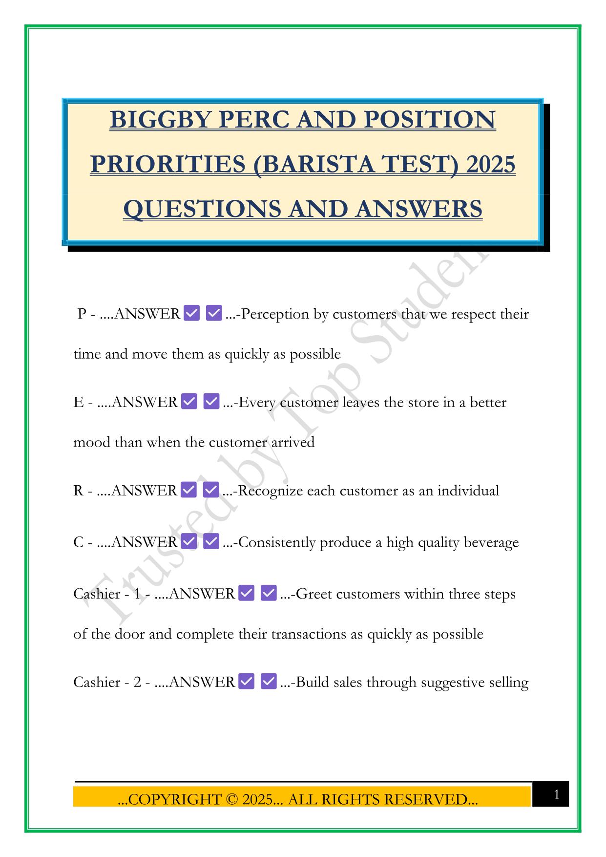 BIGGBY PERC AND POSITION PRIORITIES (BARISTA TEST) 2025 QUESTIONS AND ANSWERS