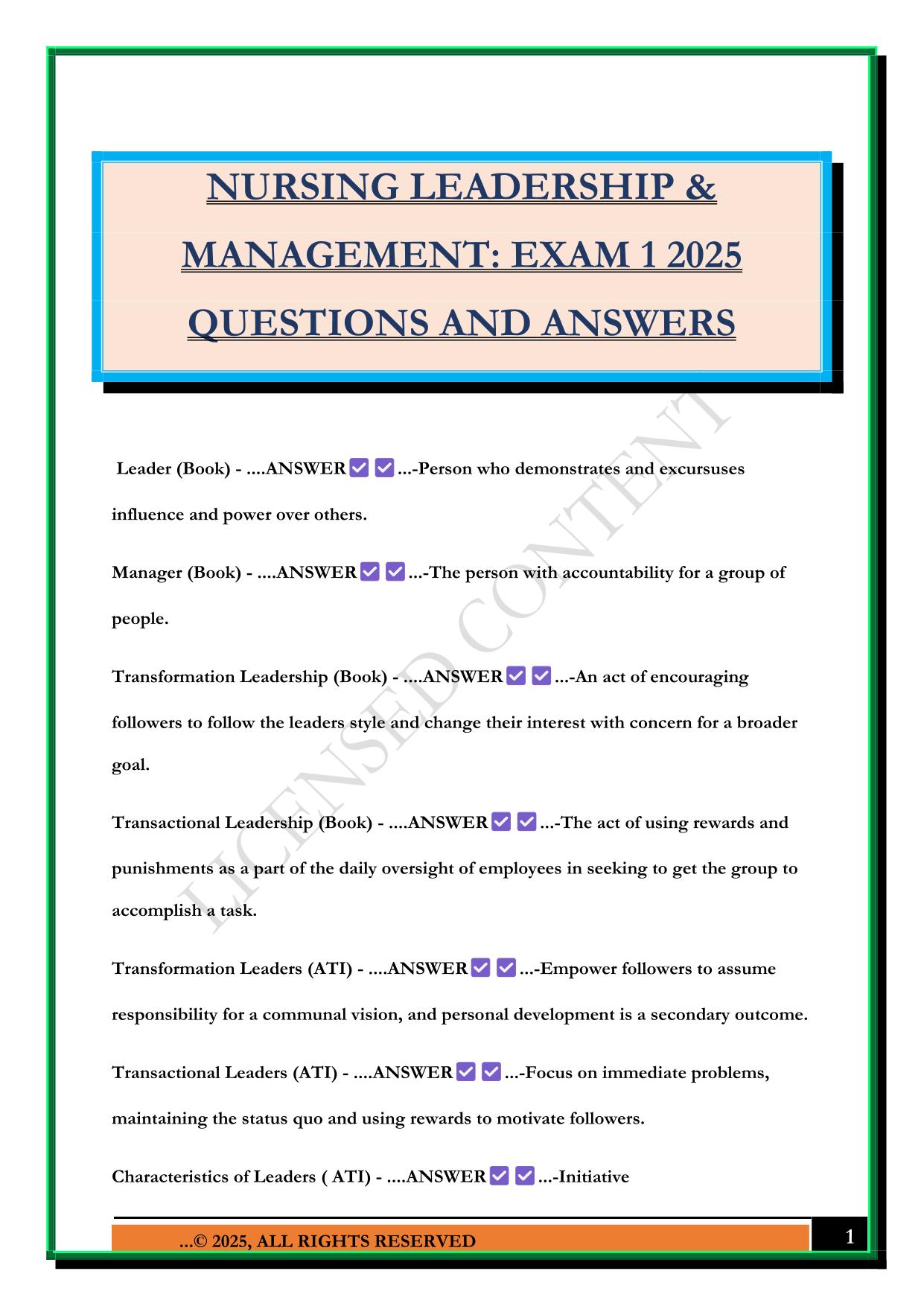 NURSING LEADERSHIP & MANAGEMENT: EXAM 1 2025 QUESTIONS AND ANSWERS