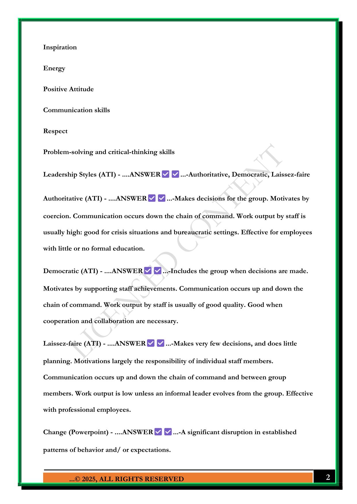 NURSING LEADERSHIP & MANAGEMENT: EXAM 1 2025 QUESTIONS AND ANSWERS