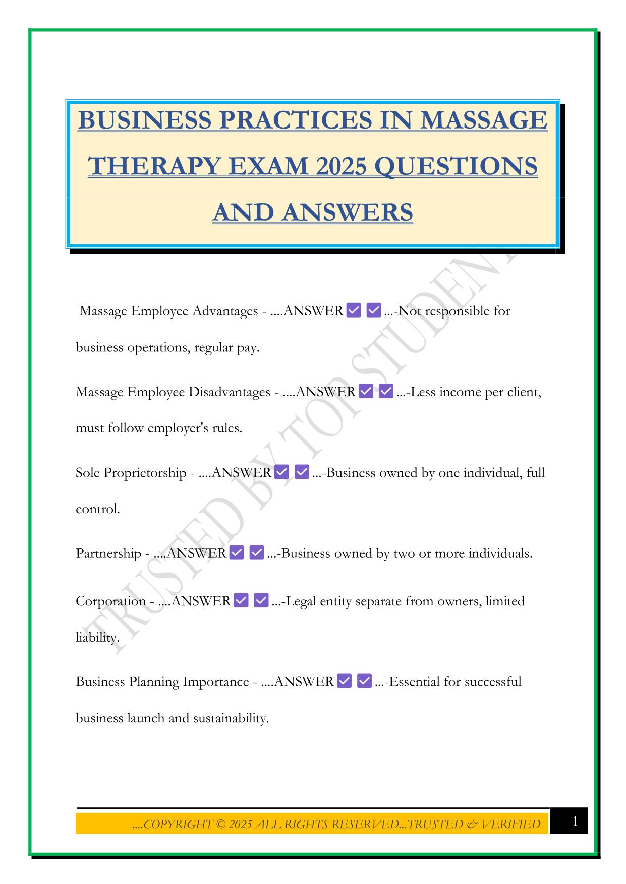 BUSINESS PRACTICES IN MASSAGE THERAPY EXAM 2025 QUESTIONS AND ANSWERS