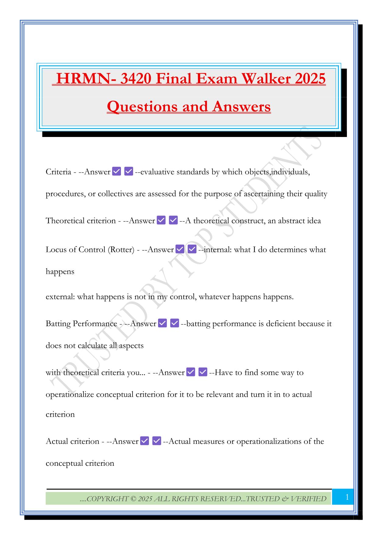 HRMN 3420 Fall 2025 Bundled Exams Questions and Answers |100% Pass Verified and Updated
