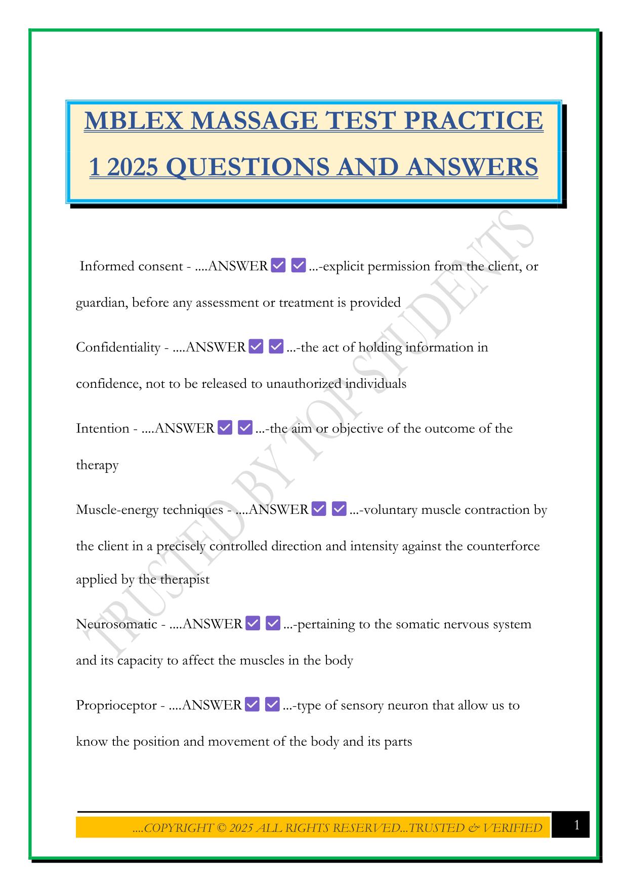 MBLEX MASSAGE TEST PRACTICE 1 2025 QUESTIONS AND ANSWERS