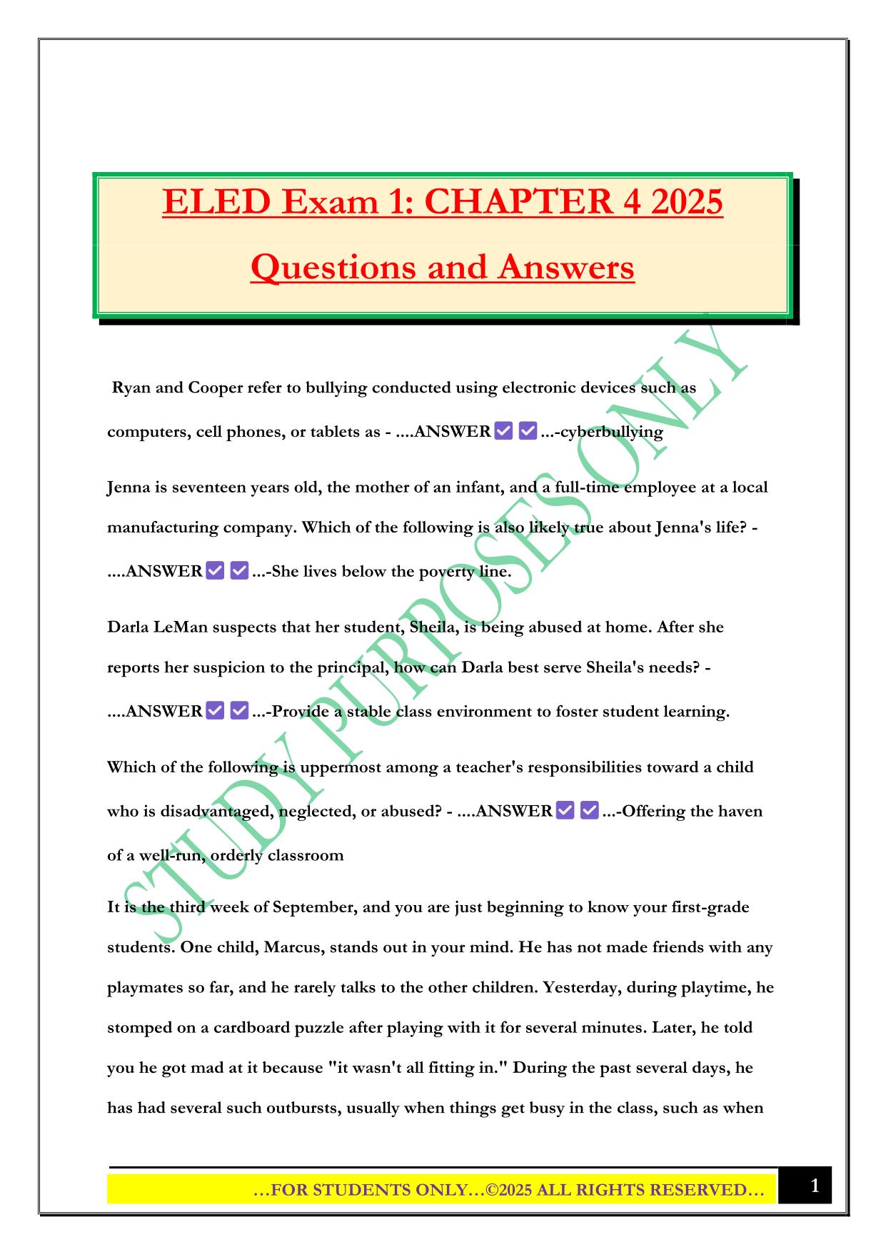 ELED Exam 1: CHAPTER 4 2025 Questions and Answers