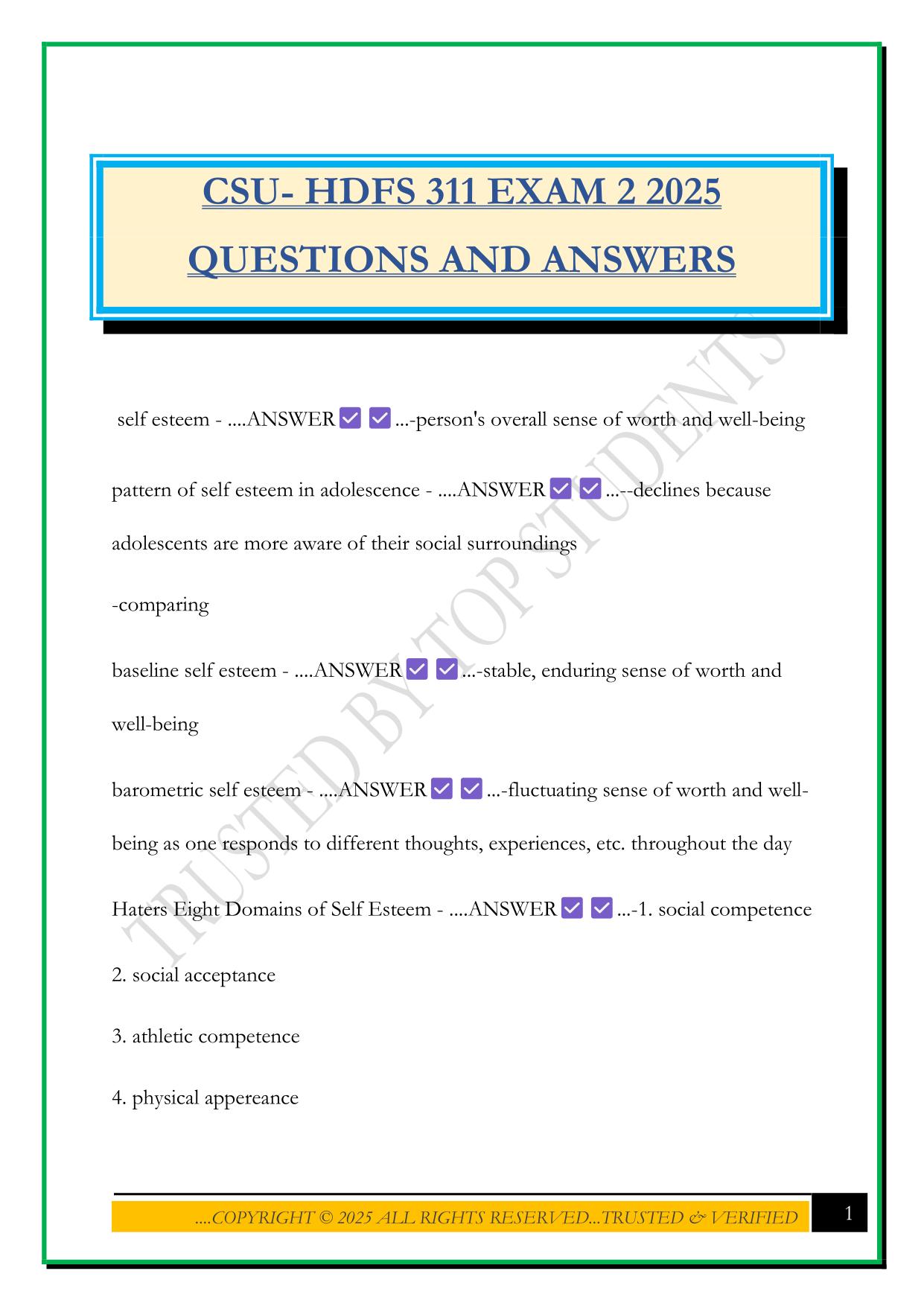 CSU- HDFS 311 EXAM 2 2025 QUESTIONS AND ANSWERS