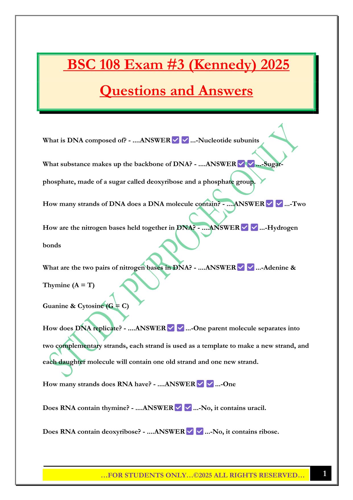 BSC 108 Exam #3 (Kennedy) 2025 Questions and Answers