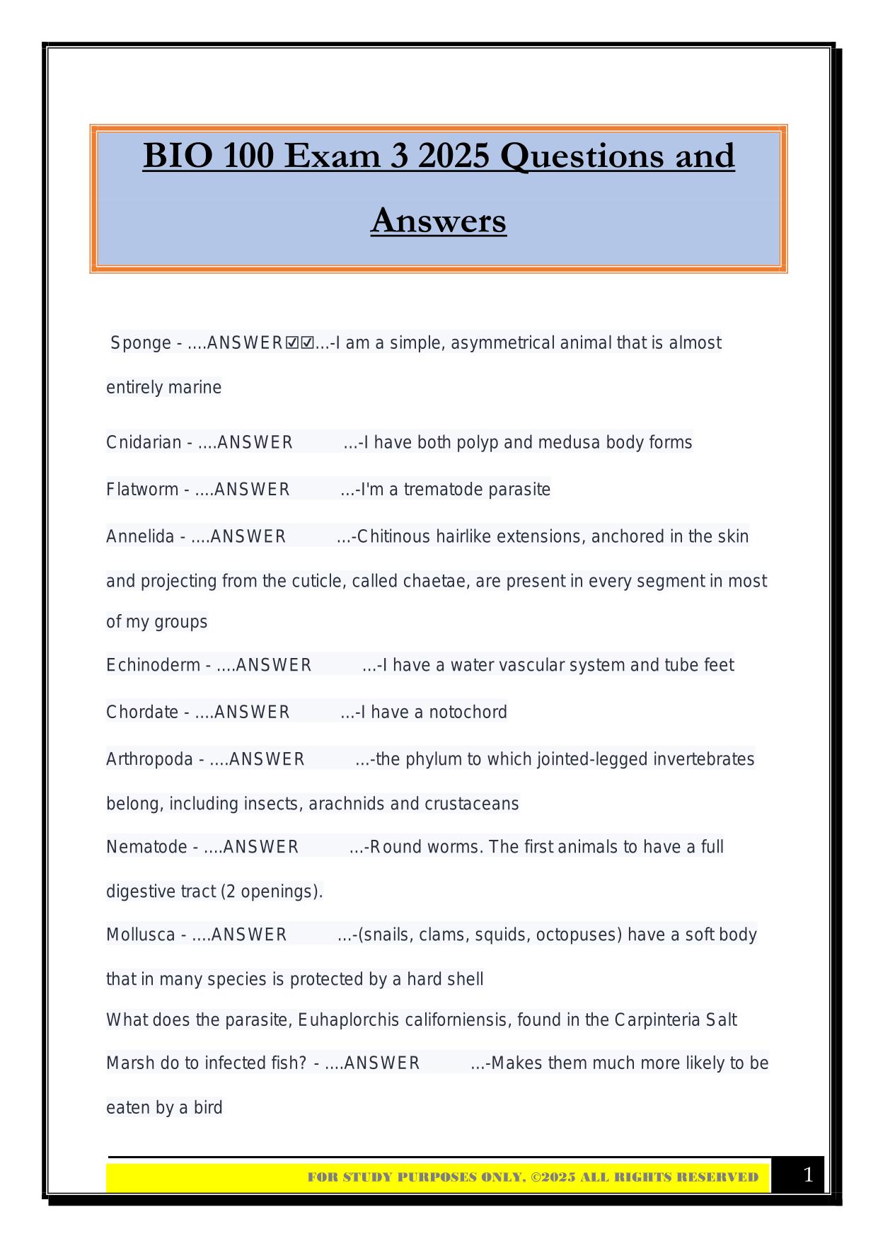 BIO 100 Exam 3 2025 Questions and Answers