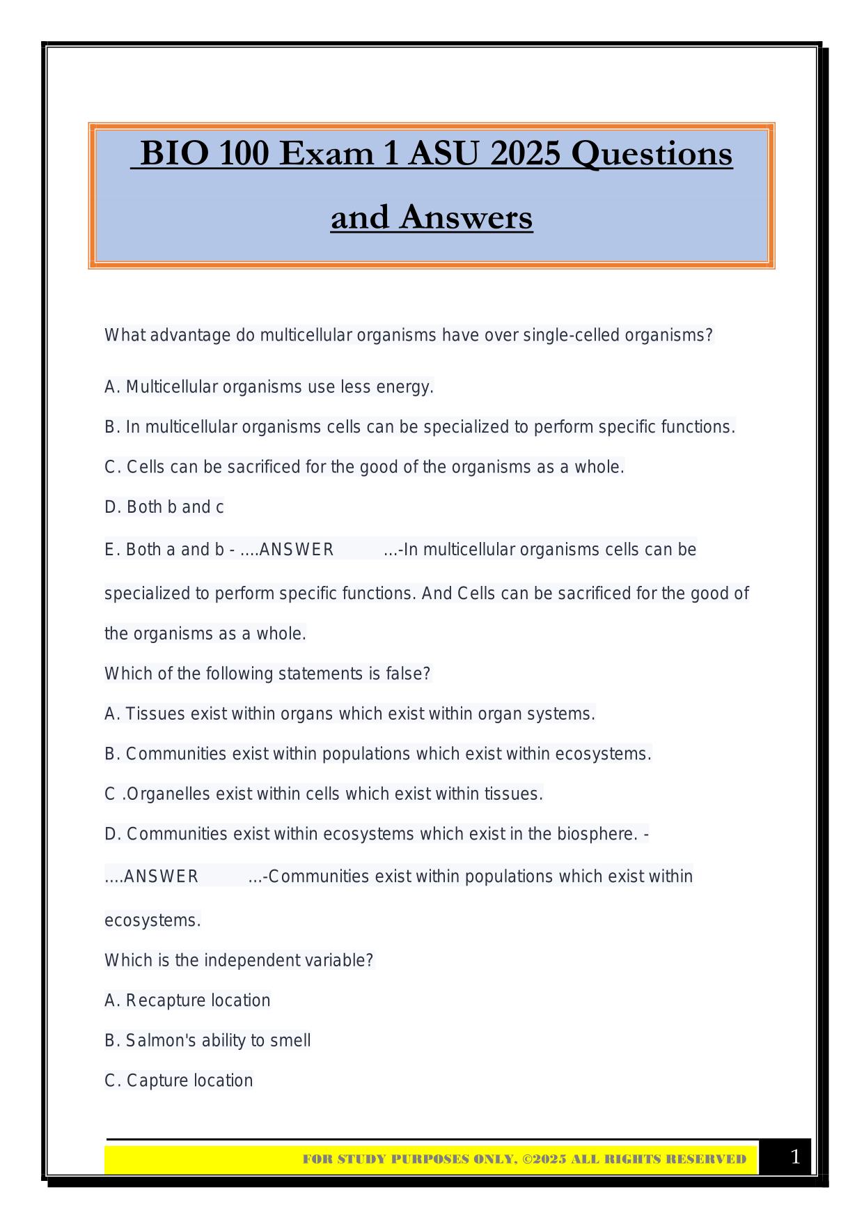 BIO 100 Exam 1 ASU 2025 Questions and Answers