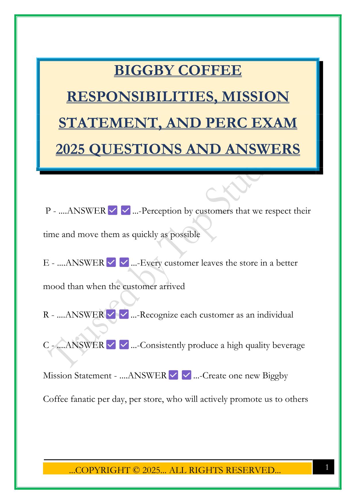 BIGGBY COFFEE RESPONSIBILITIES, MISSION STATEMENT, AND PERC EXAM 2025 QUESTIONS AND ANSWERS