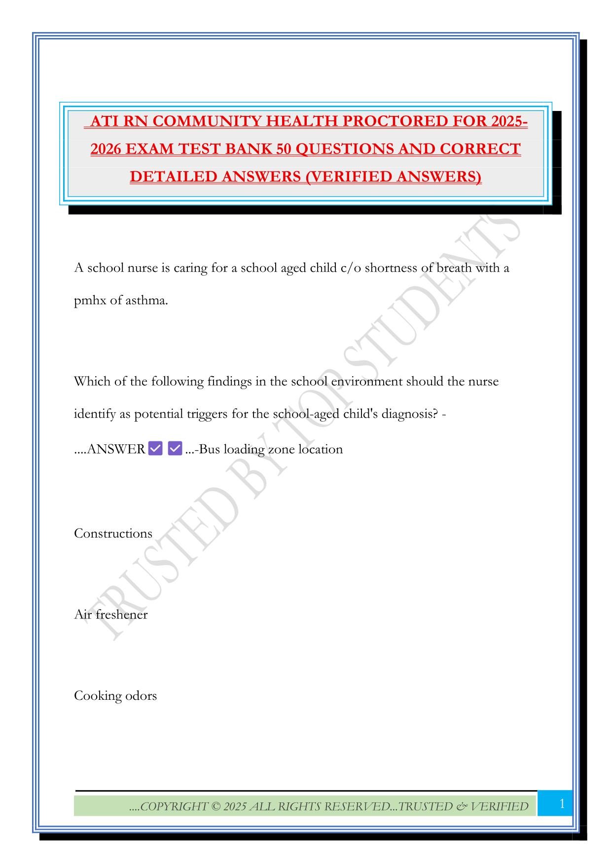 ATI RN COMMUNITY HEALTH PROCTORED FOR 2025- 2026 EXAM TEST BANK 50 QUESTIONS AND CORRECT DETAILED ANSWERS (VERIFIED ANSWERS)