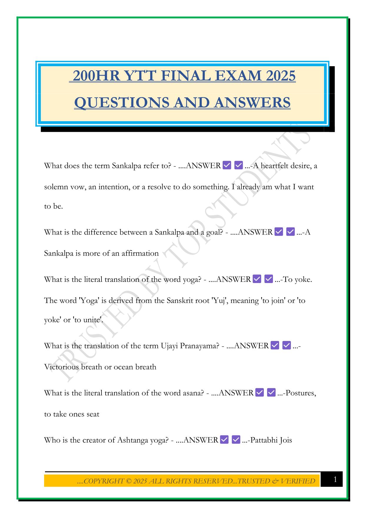 200HR YTT FINAL EXAM 2025 QUESTIONS AND ANSWERS