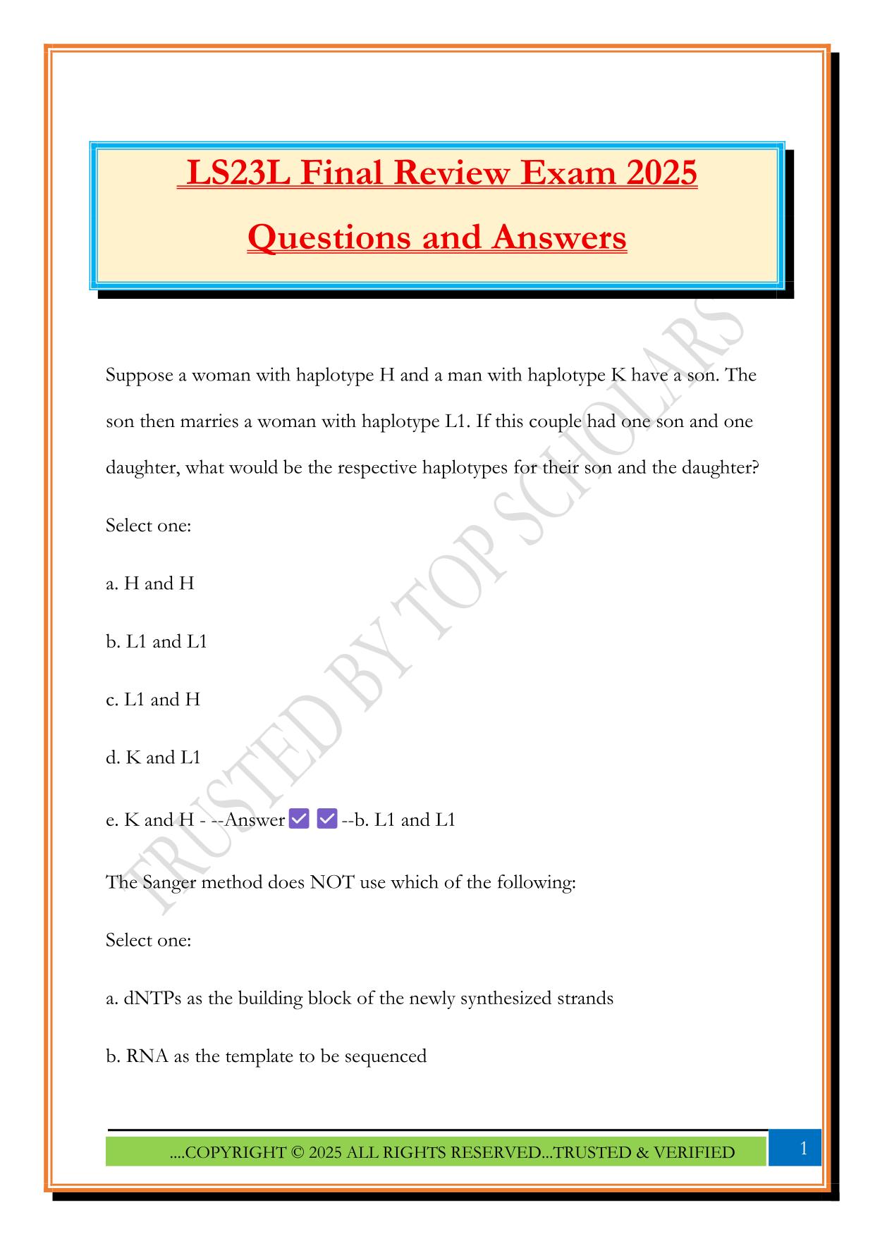LS23L Final Review Exam 2025 Questions and Answers