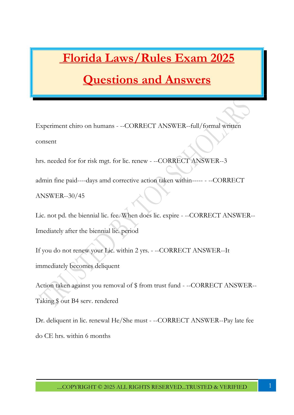 Florida Laws/Rules Exam 2025 Questions and Answers