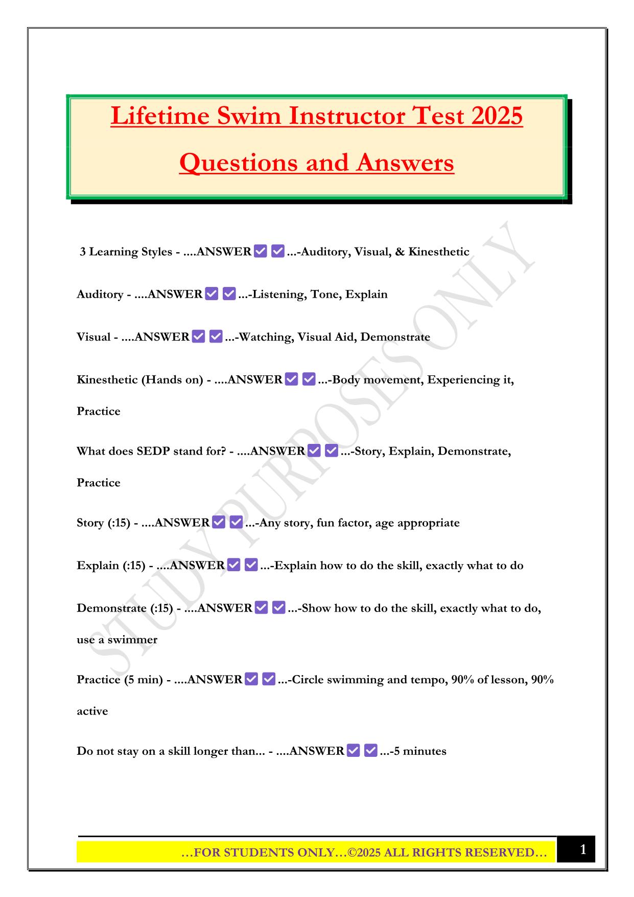 Lifetime Swim Instructor Test 2025 Questions and Answers