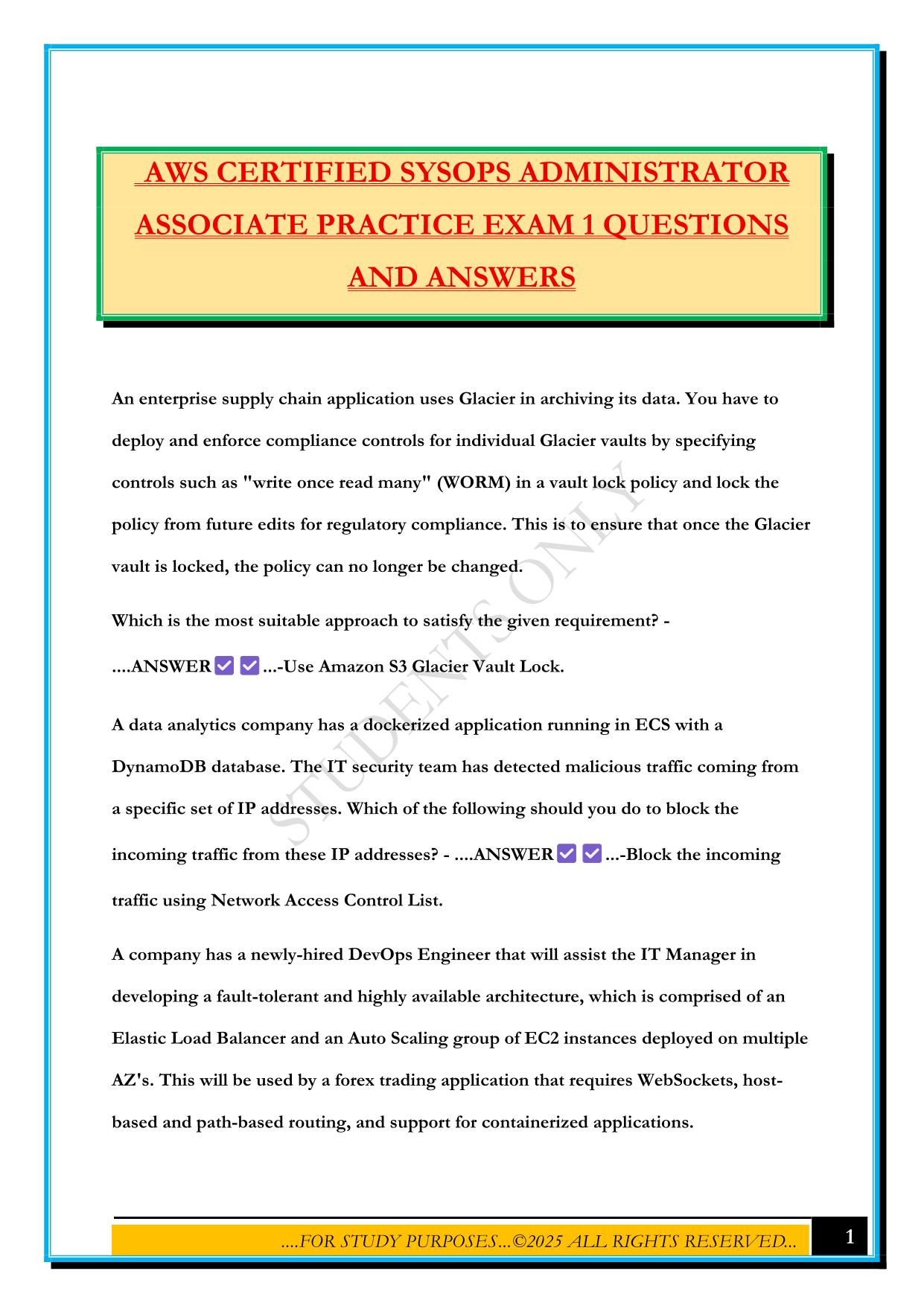 AWS CERTIFIED SYSOPS ADMINISTRATOR ASSOCIATE PRACTICE EXAM 1 QUESTIONS AND ANSWERS