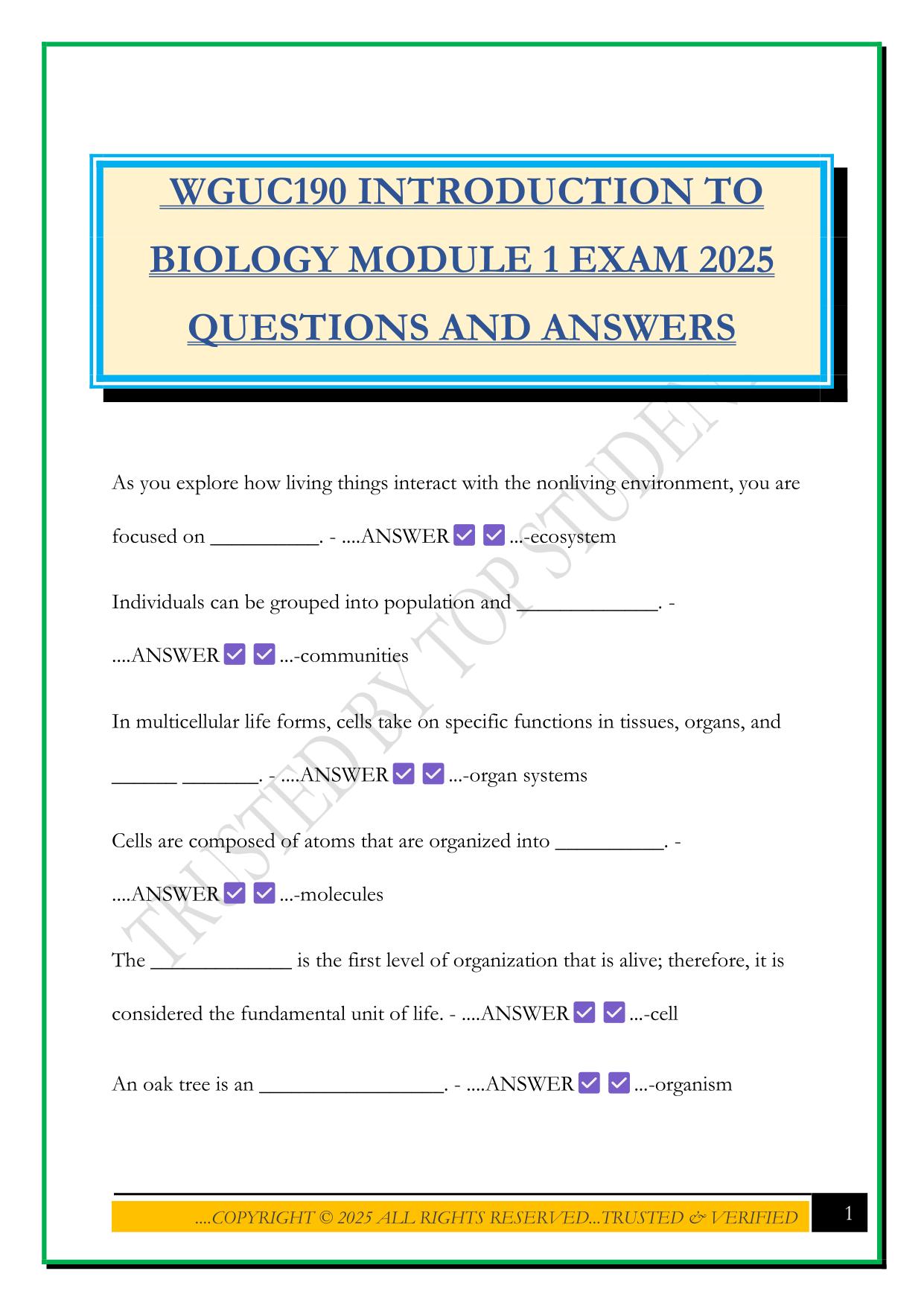 WGUC190 INTRODUCTION TO BIOLOGY MODULE 1 EXAM 2025 QUESTIONS AND ANSWERS