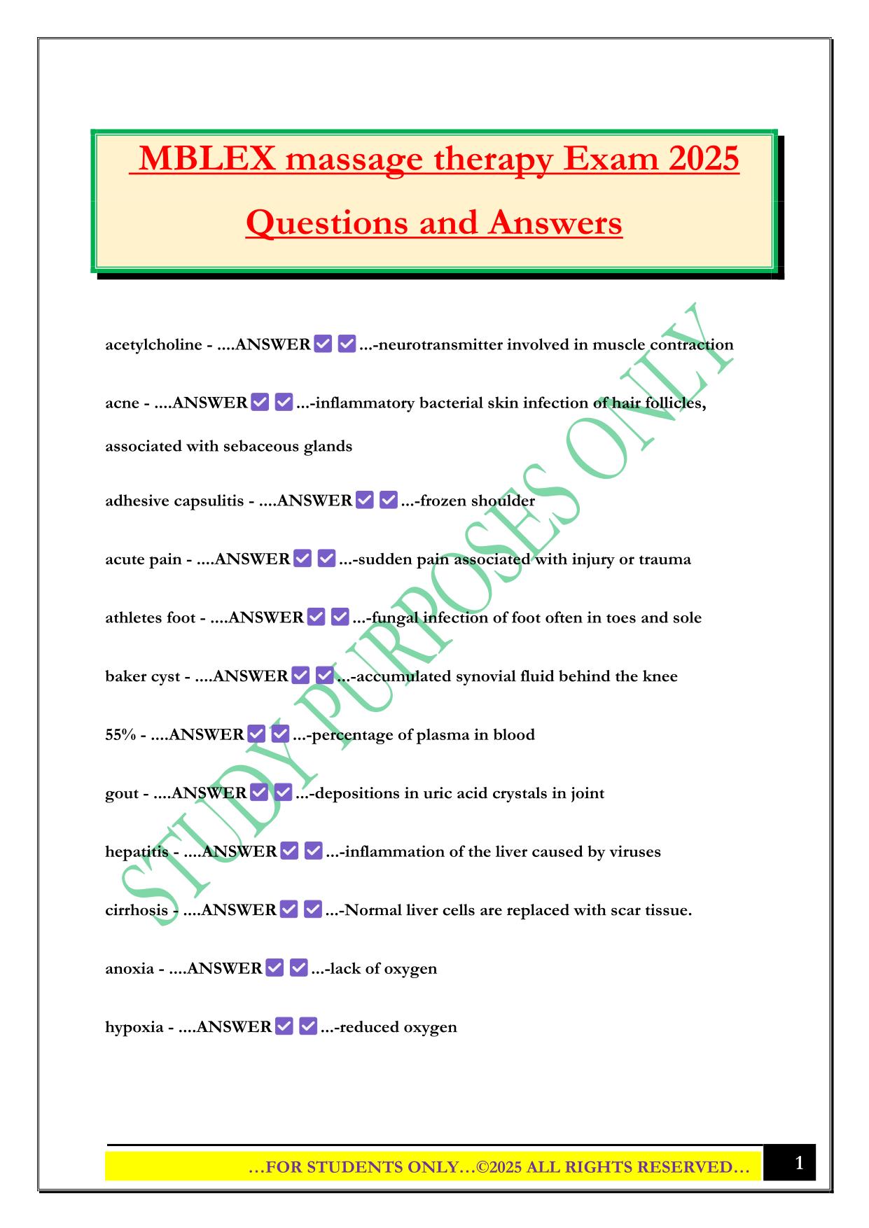MBLEX massage therapy Exam 2025 Questions and Answers