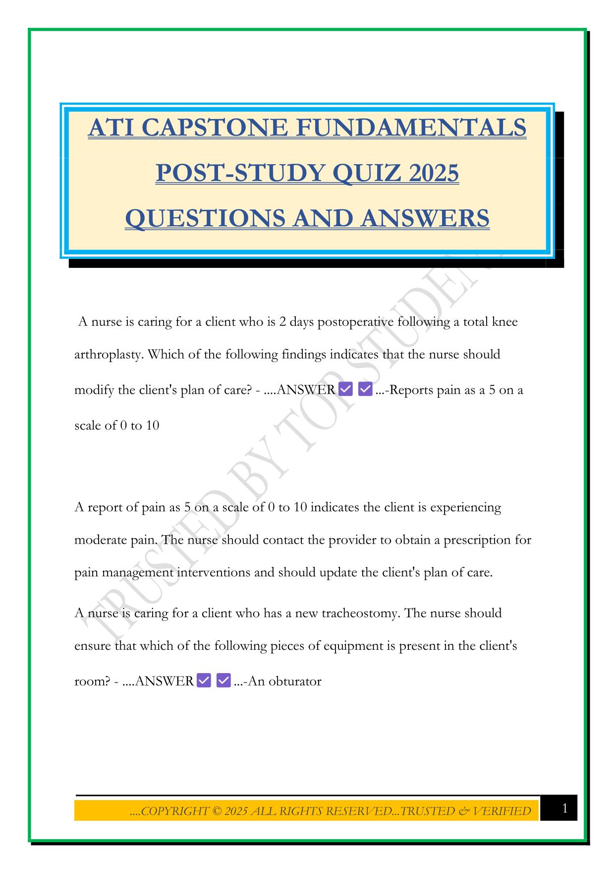 ATI CAPSTONE FUNDAMENTALS POST-STUDY QUIZ 2025 QUESTIONS AND ANSWERS