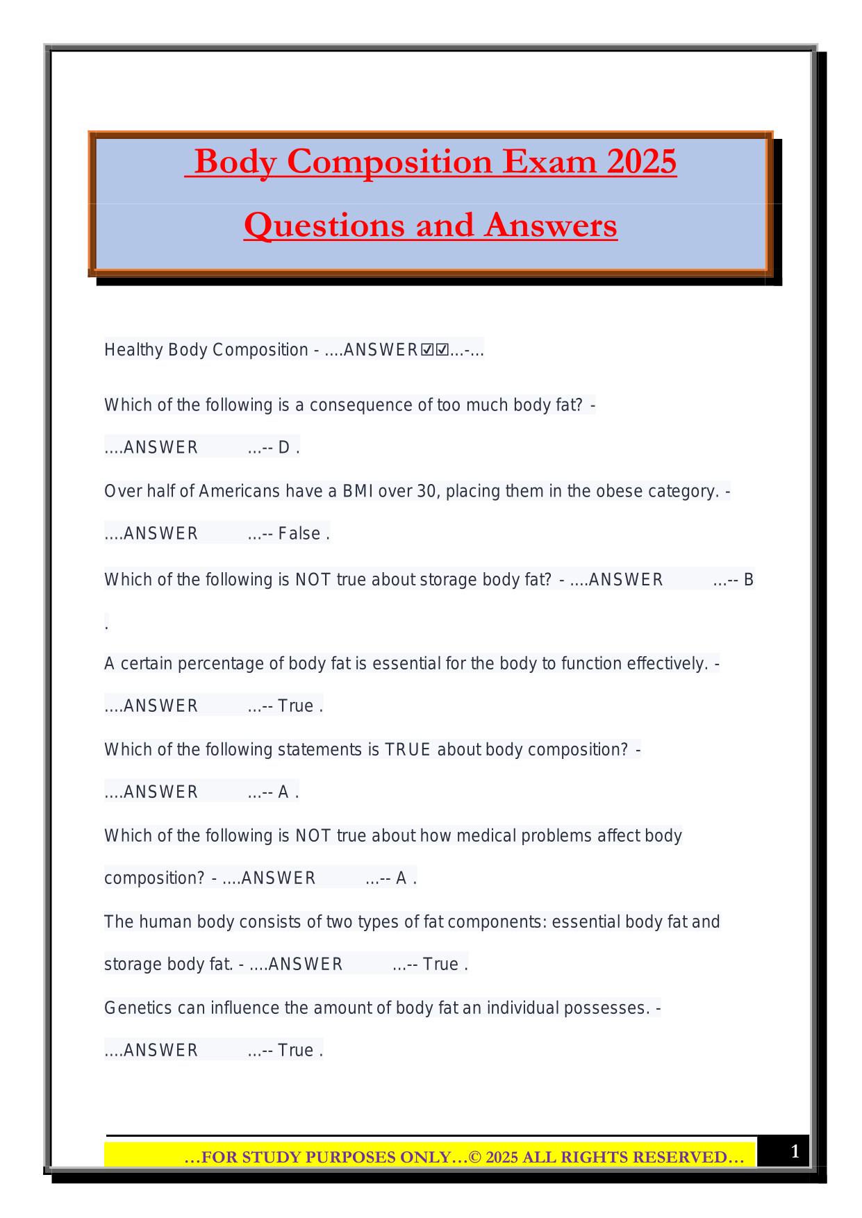 Body Composition Exam 2025 Questions and Answers