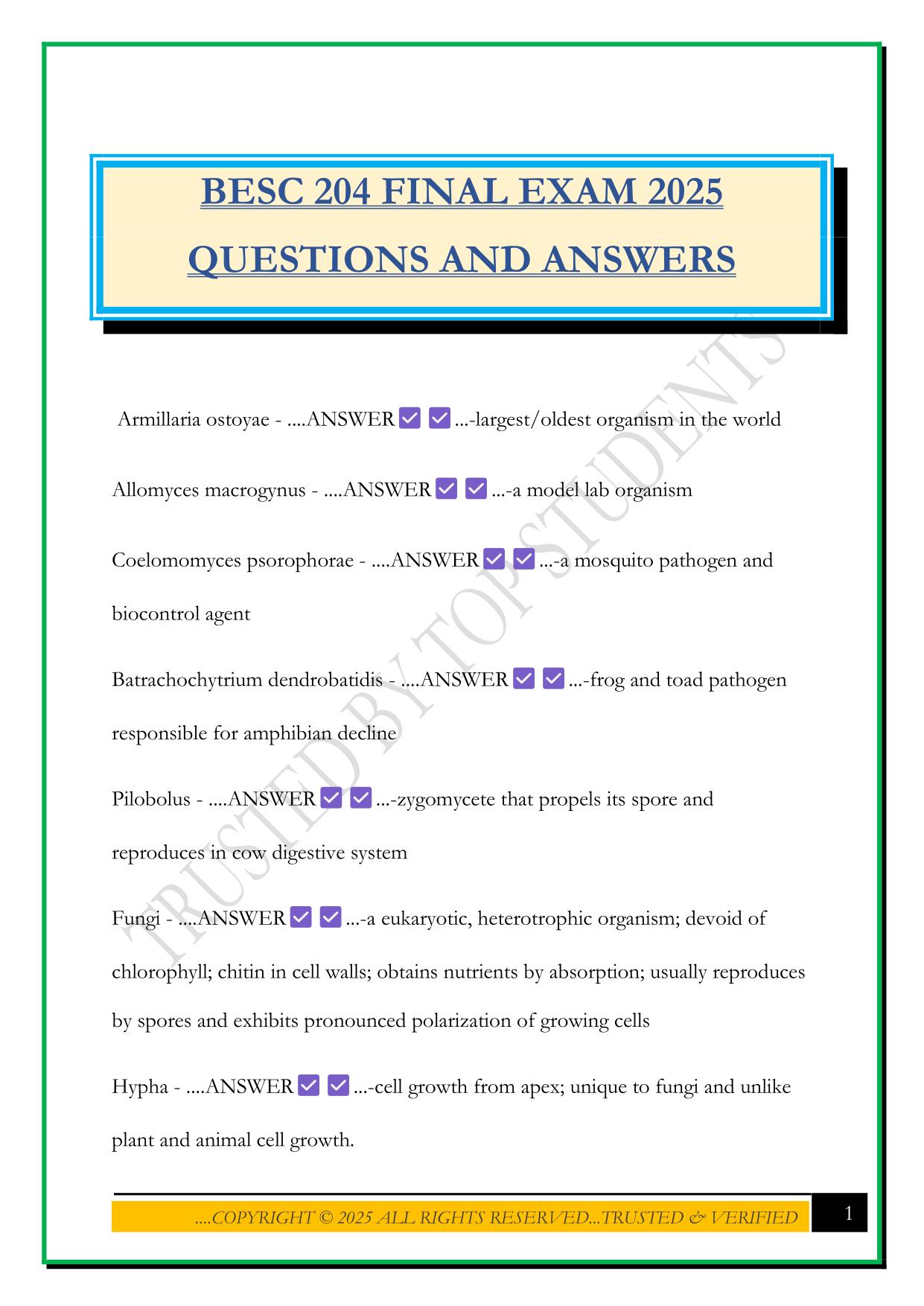 BESC 204 FINAL EXAM 2025 QUESTIONS AND ANSWERS