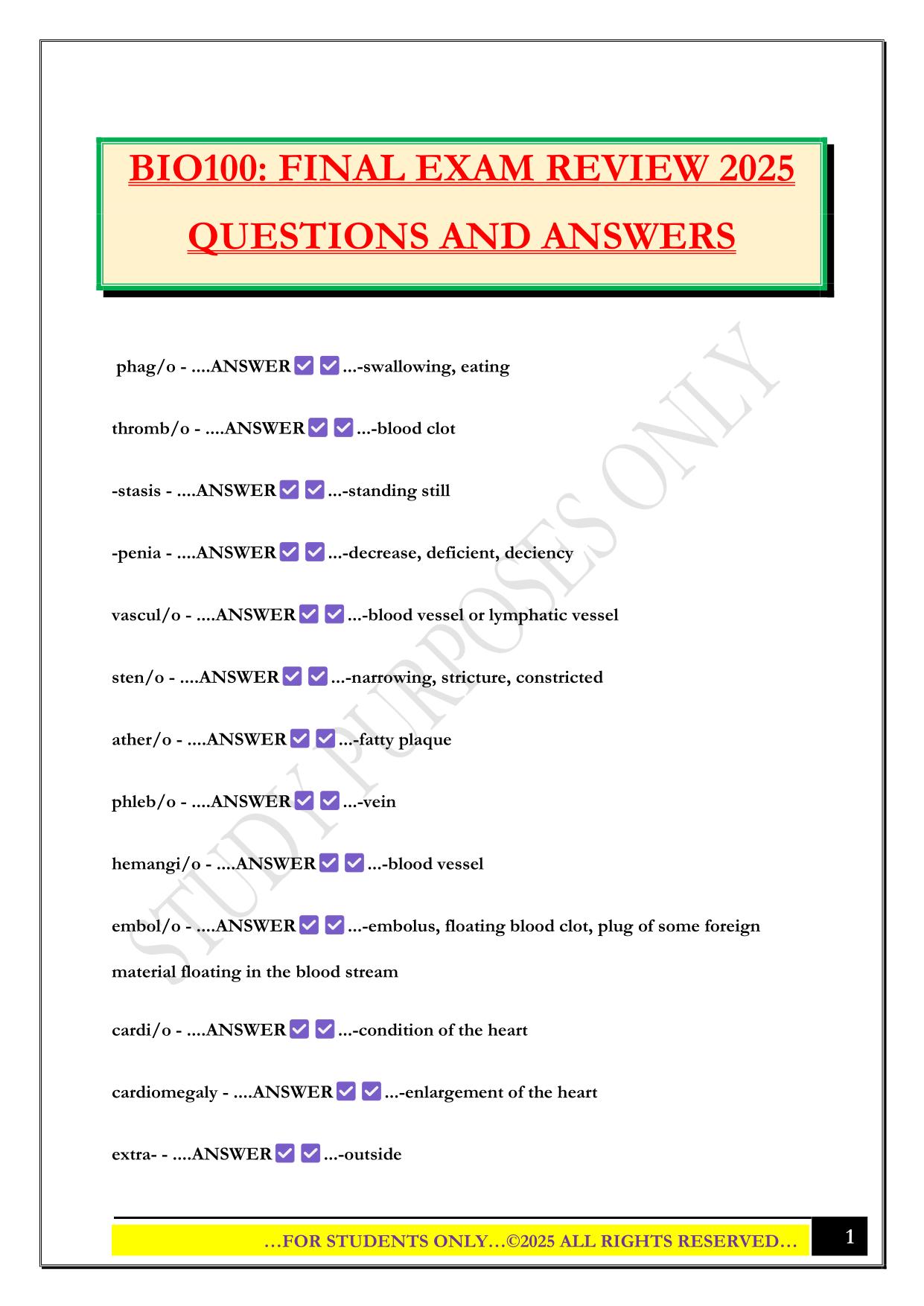 BIO100: FINAL EXAM REVIEW 2025 QUESTIONS AND ANSWERS