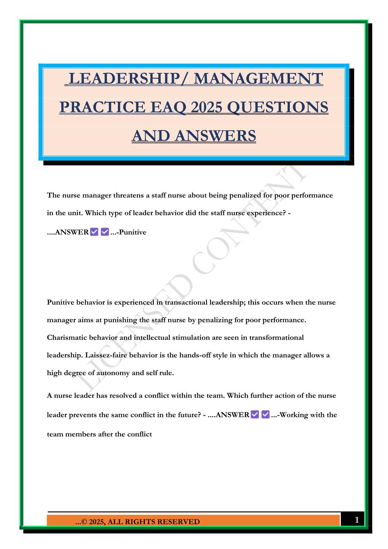 LEADERSHIP/ MANAGEMENT PRACTICE EAQ 2025 QUESTIONS AND ANSWERS