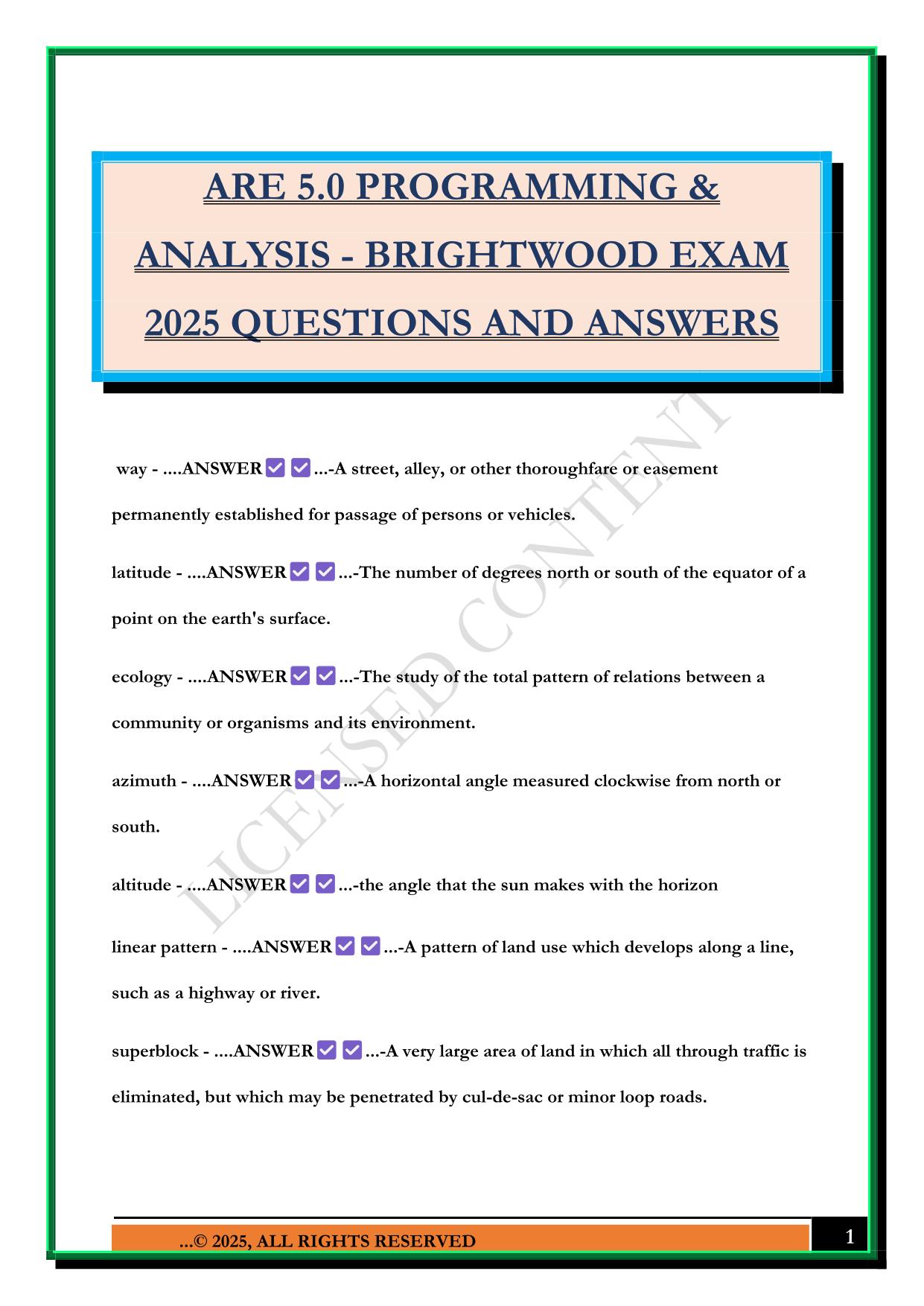 ARE 5.0 PROGRAMMING & ANALYSIS - BRIGHTWOOD EXAM 2025 QUESTIONS AND ANSWERS