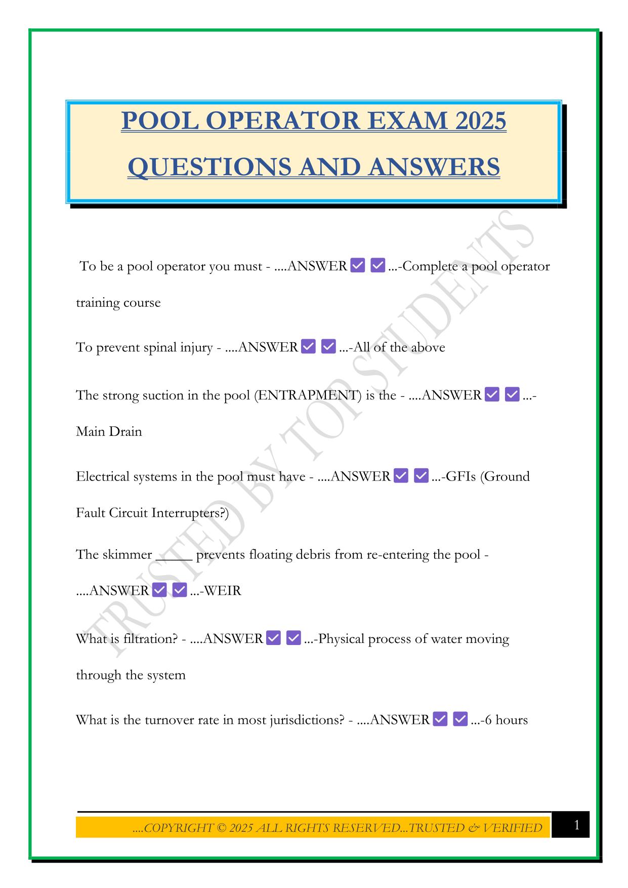 POOL OPERATOR EXAM 2025 QUESTIONS AND ANSWERS