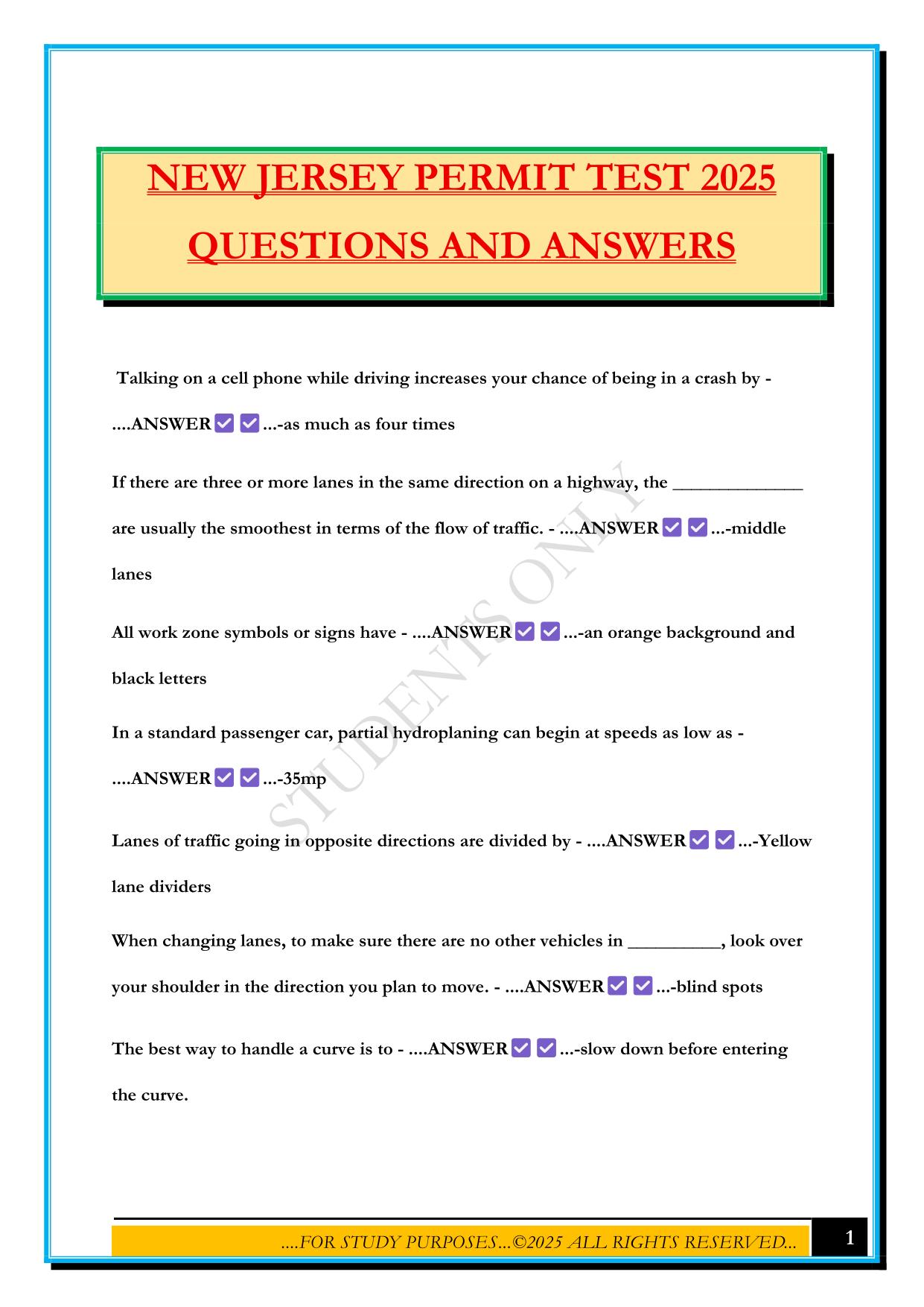 NEW JERSEY PERMIT TEST 2025 QUESTIONS AND ANSWERS