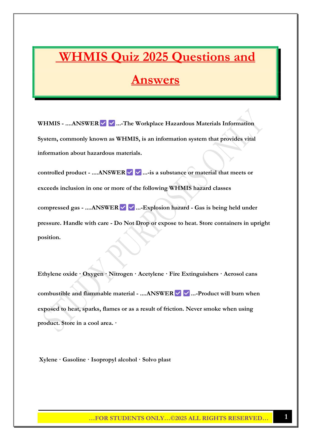 WHMIS Quiz 2025 Questions and Answers
