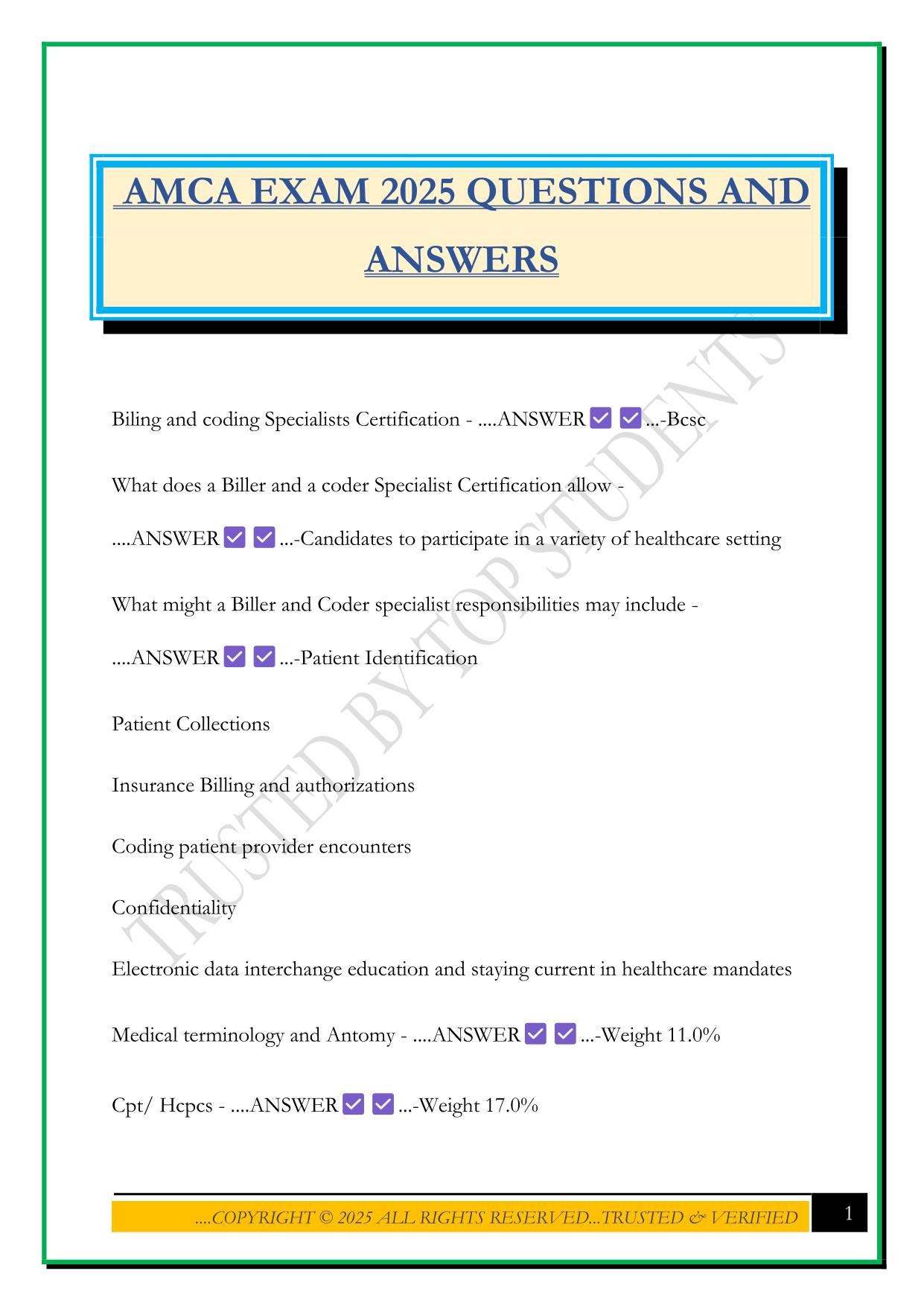 AMCA EXAM 2025 QUESTIONS AND ANSWERS