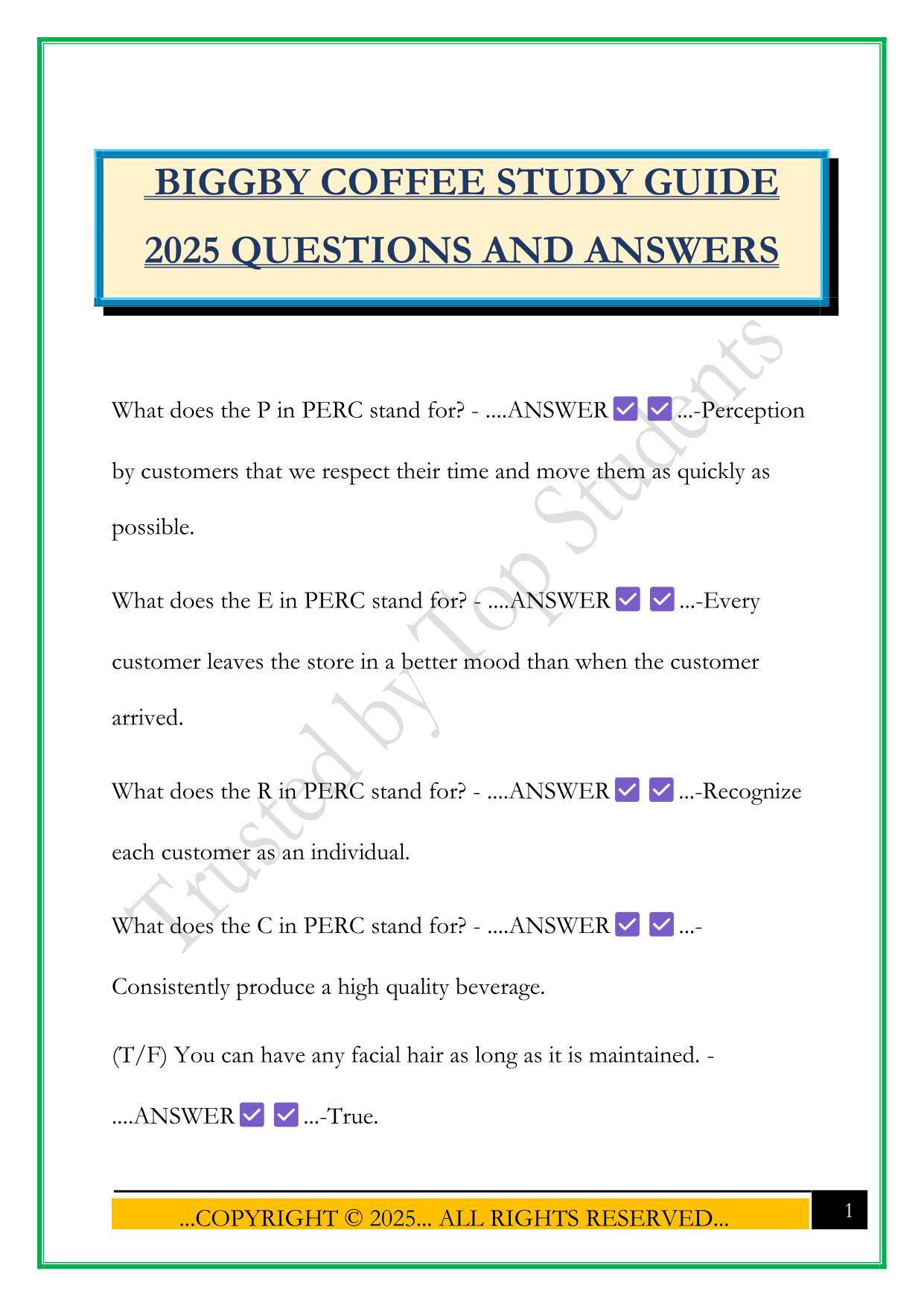 BIGGBY COFFEE STUDY GUIDE 2025 QUESTIONS AND ANSWERS