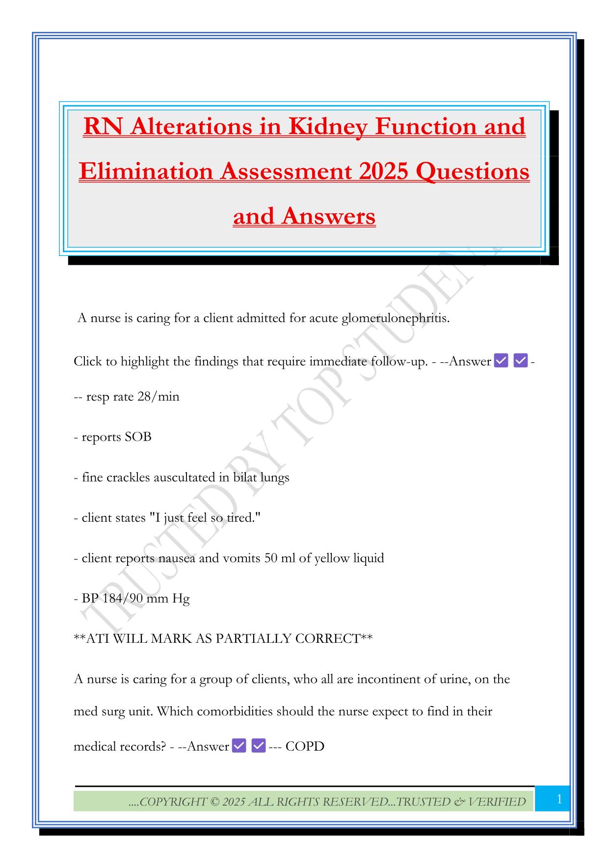 RN Alterations in Kidney Function and Elimination Assessment 2025 Questions and Answers
