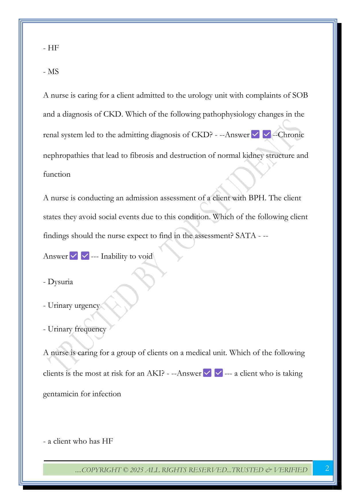 RN Alterations in Kidney Function and Elimination Assessment 2025 Questions and Answers