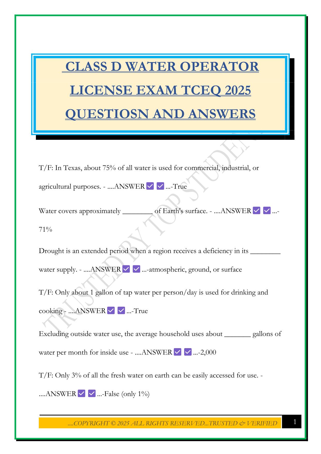 TCEQ Bundled Exams Questions and Answers |100% Pass |Verified and Updated