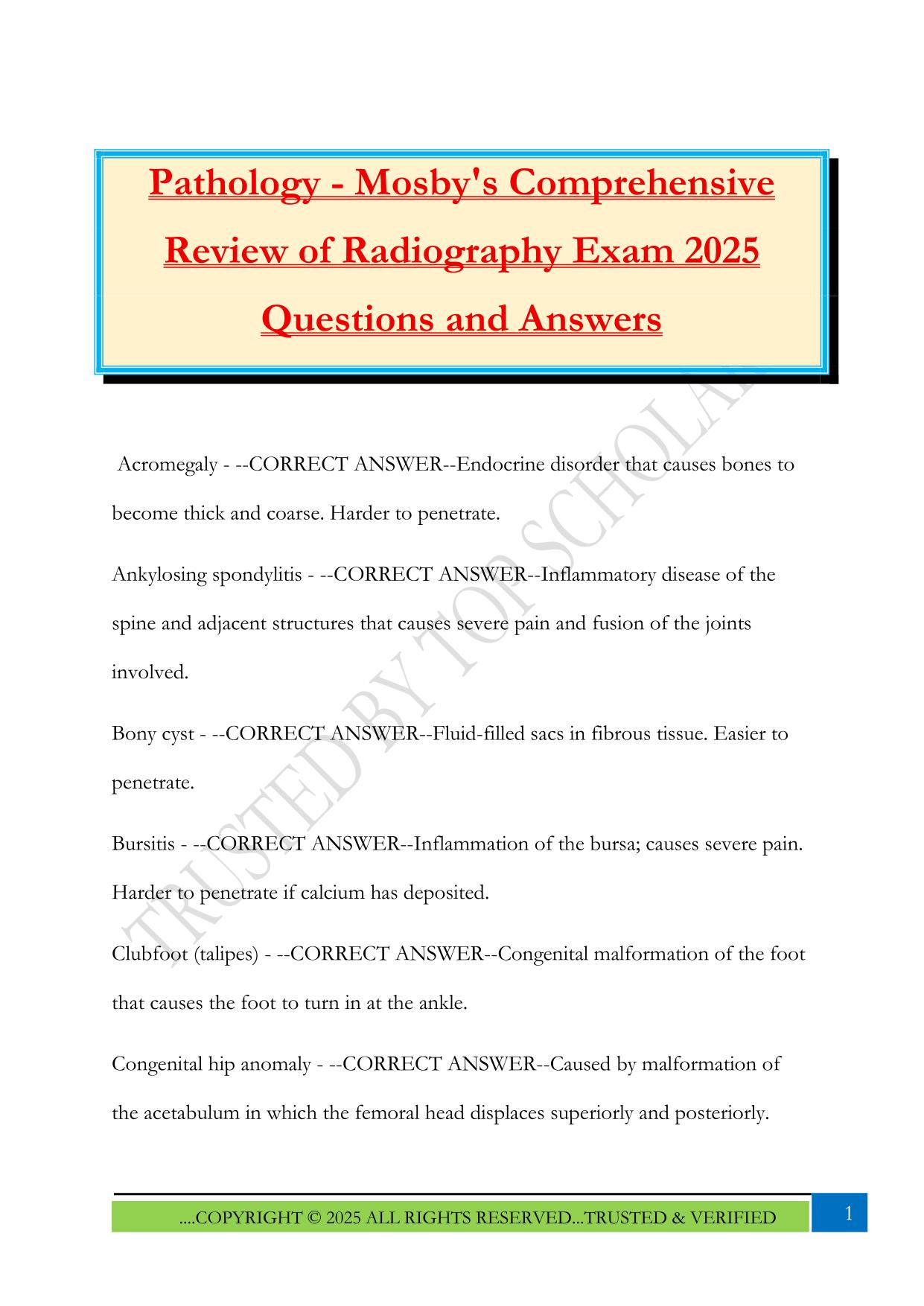 Pathology - Mosby's Comprehensive Review of Radiography Exam 2025 Questions and Answers