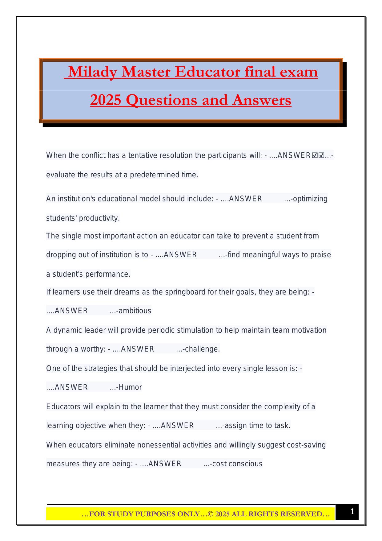 Milady Master Educator final exam 2025 Questions and Answers