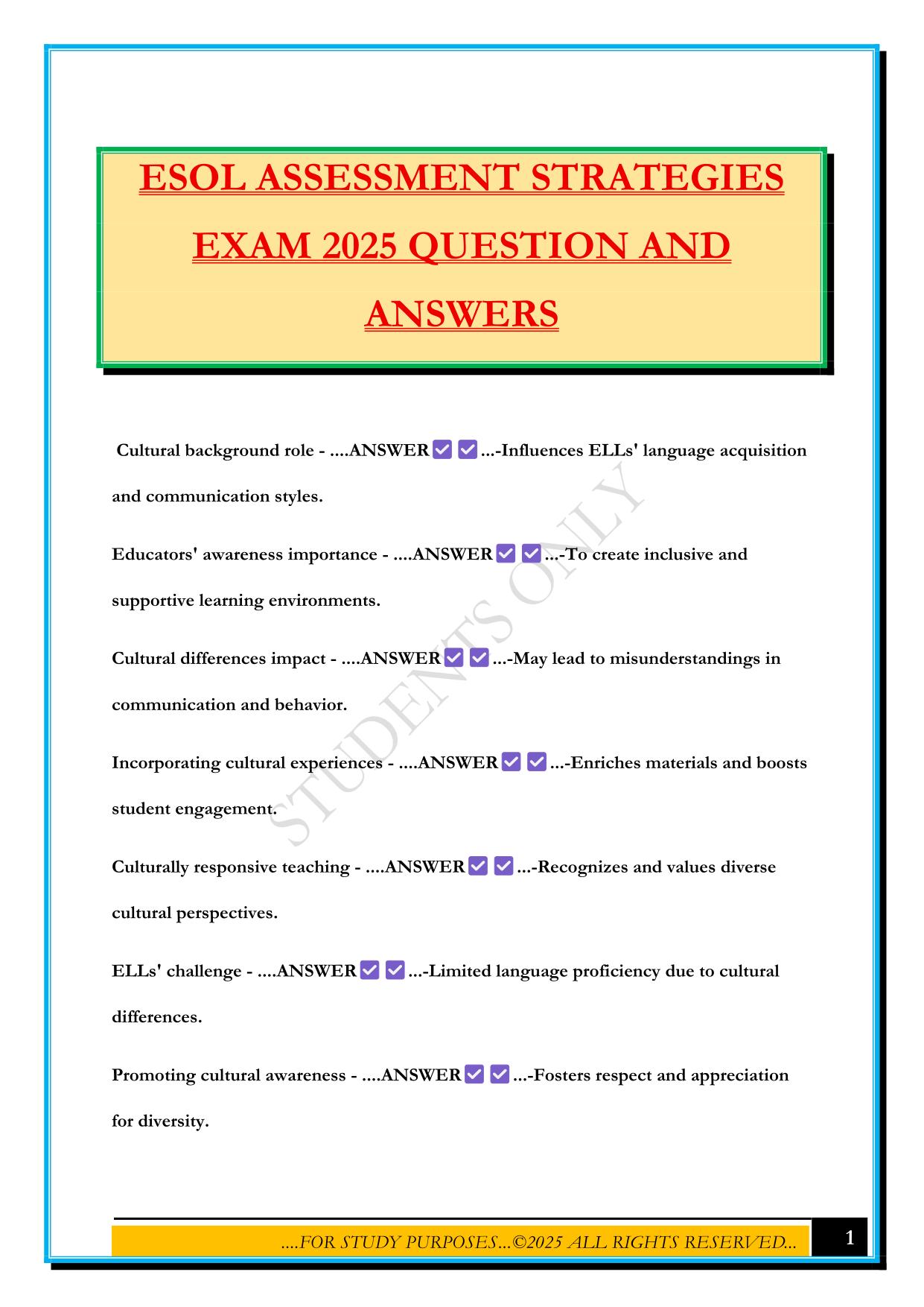 ESOL ASSESSMENT STRATEGIES EXAM 2025 QUESTION AND ANSWERS
