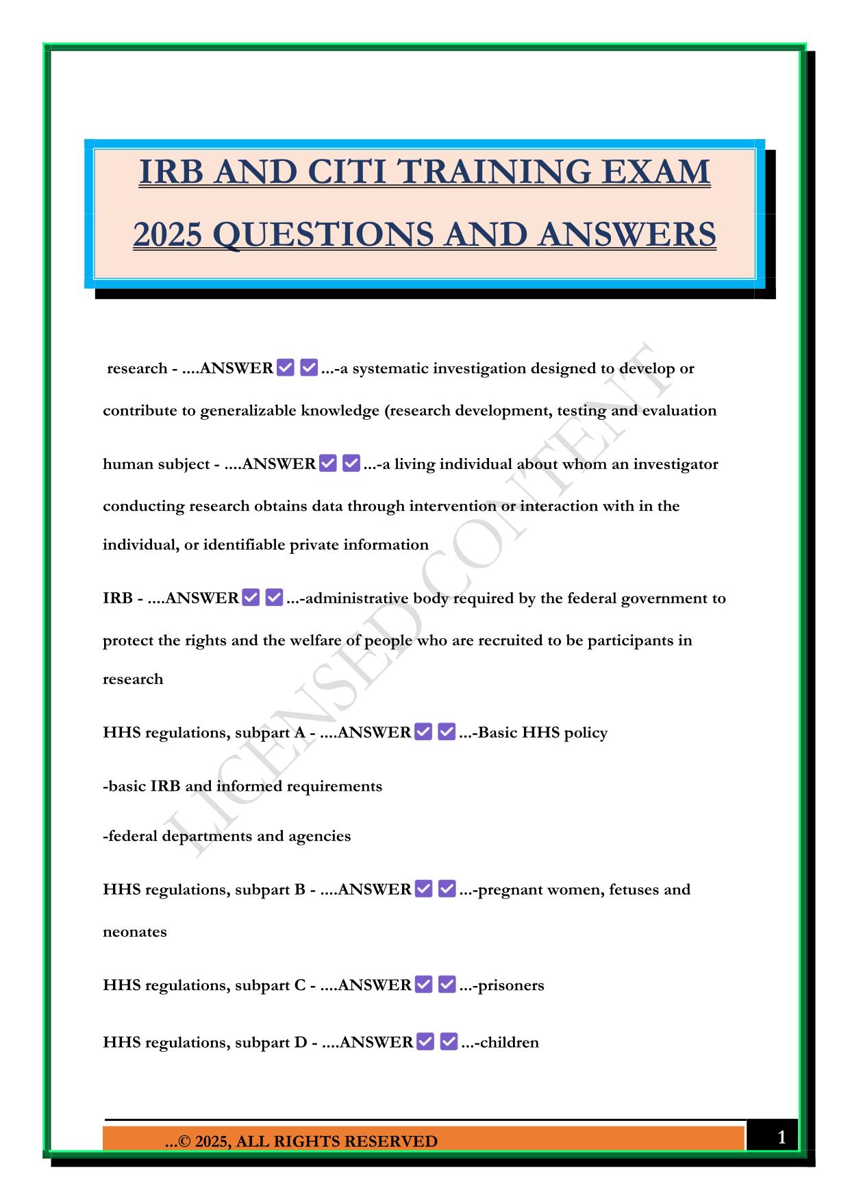 IRB AND CITI TRAINING EXAM 2025 QUESTIONS AND ANSWERS