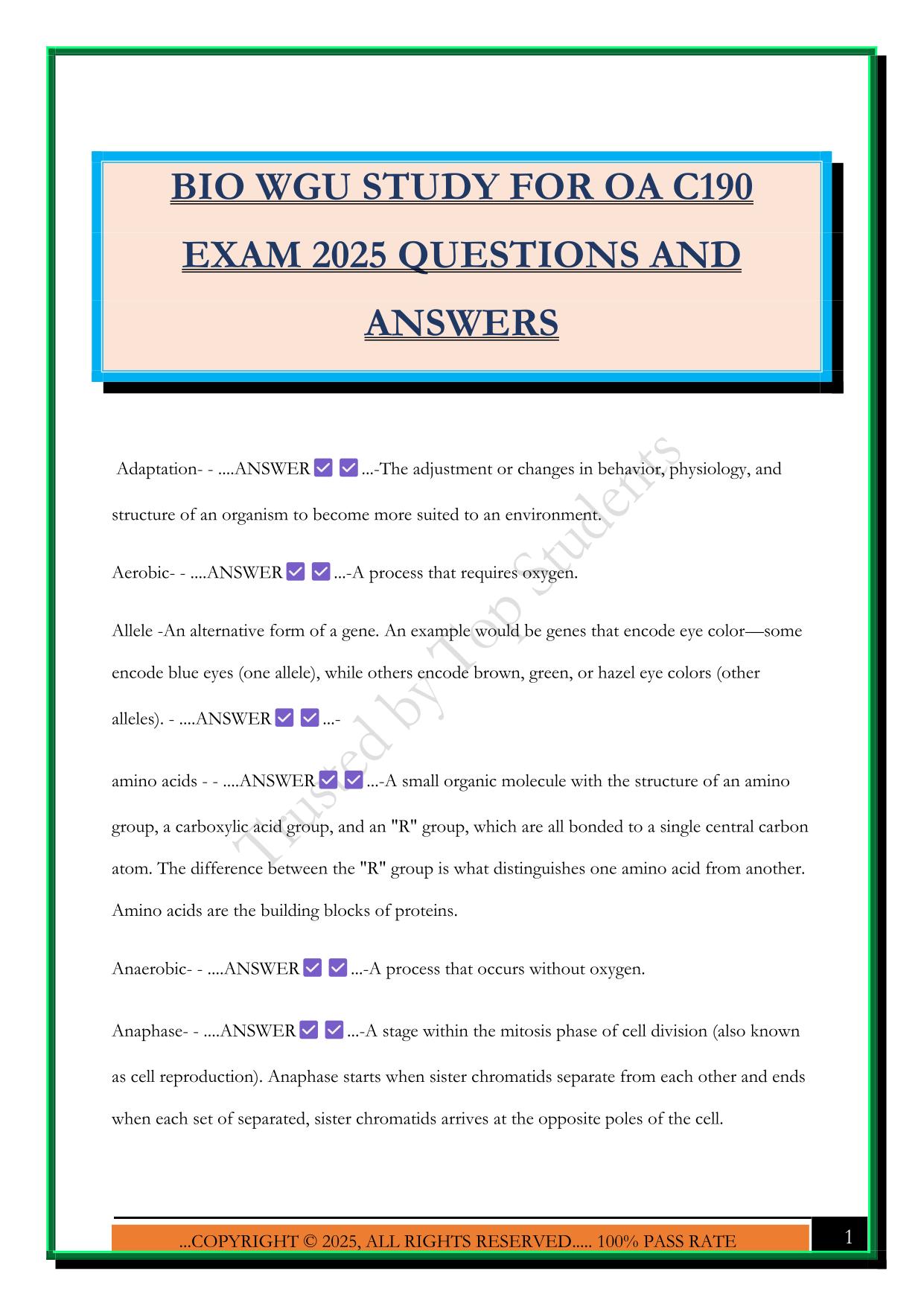 BIO WGU STUDY FOR OA C190 EXAM 2025 QUESTIONS AND ANSWERS