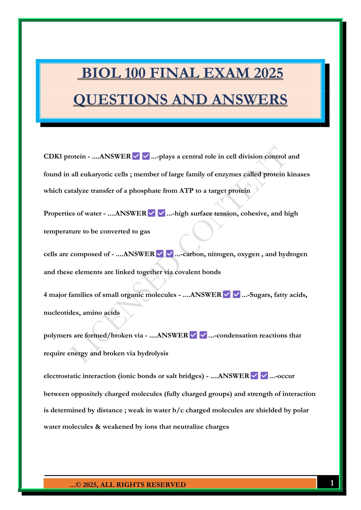 BIOL 100 FINAL EXAM 2025 QUESTIONS AND ANSWERS