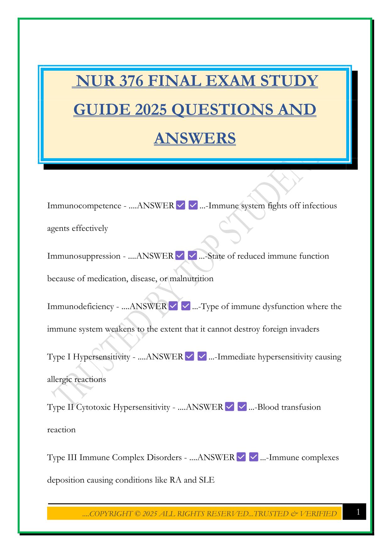 NUR 376 FINAL EXAM STUDY GUIDE 2025 QUESTIONS AND ANSWERS