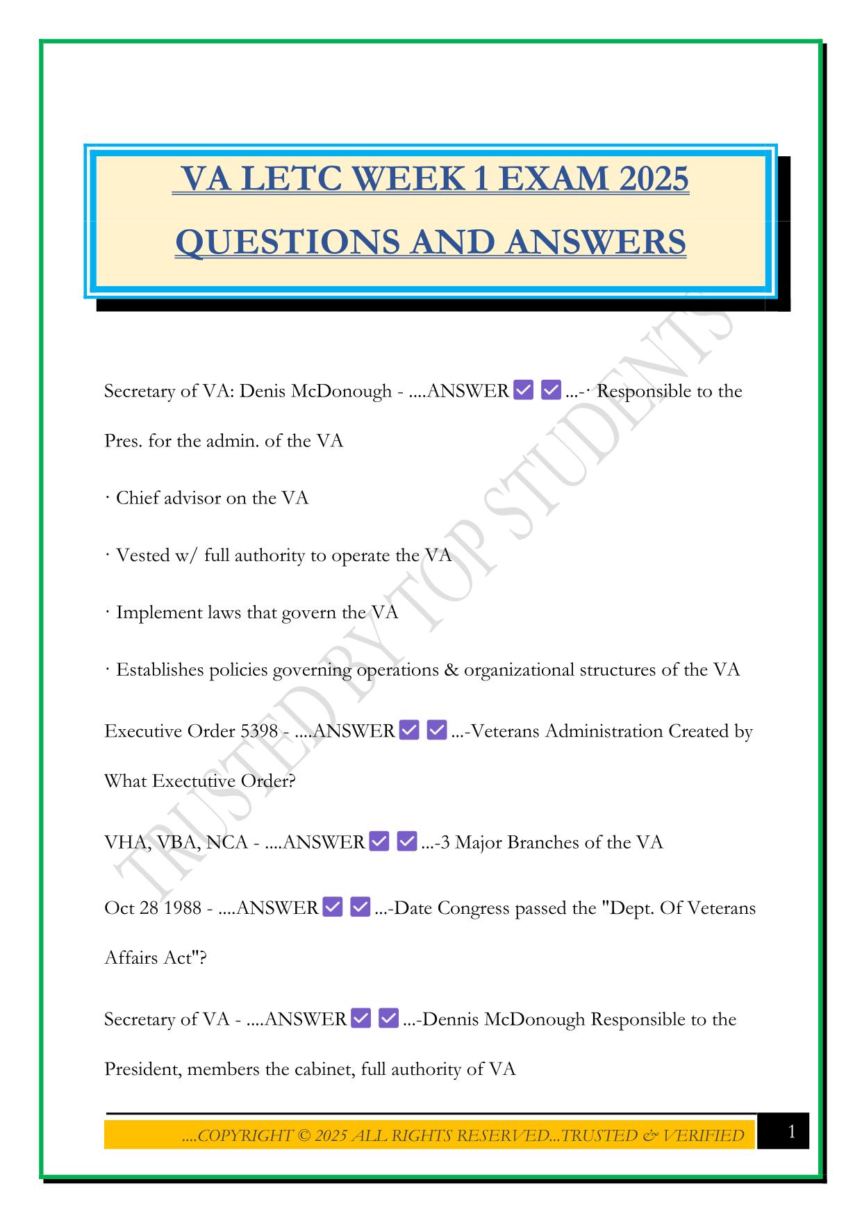 VA LETC WEEK 1 EXAM 2025 QUESTIONS AND ANSWERS