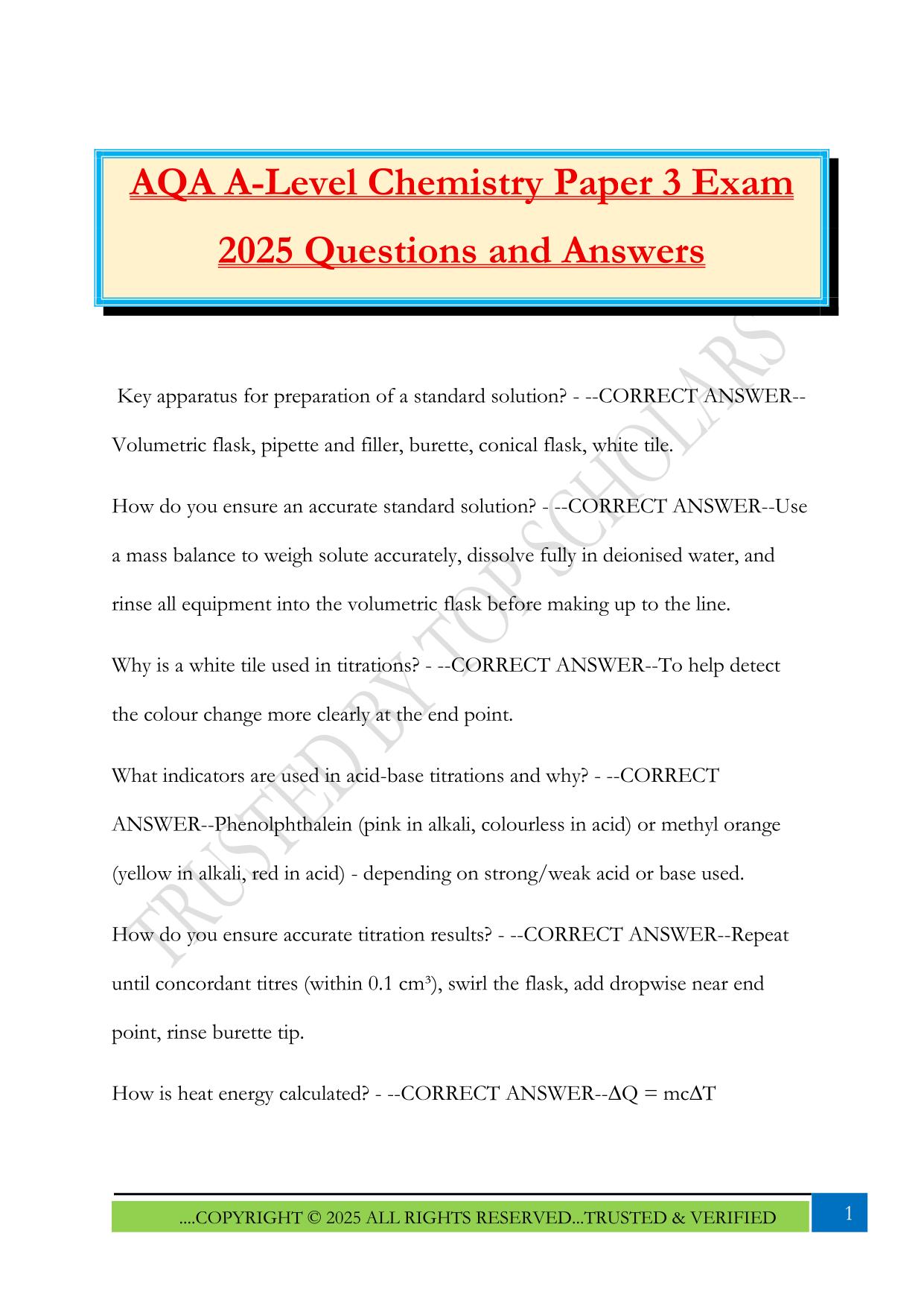 AQA A-Level Chemistry Paper 3 Exam 2025 Questions and Answers