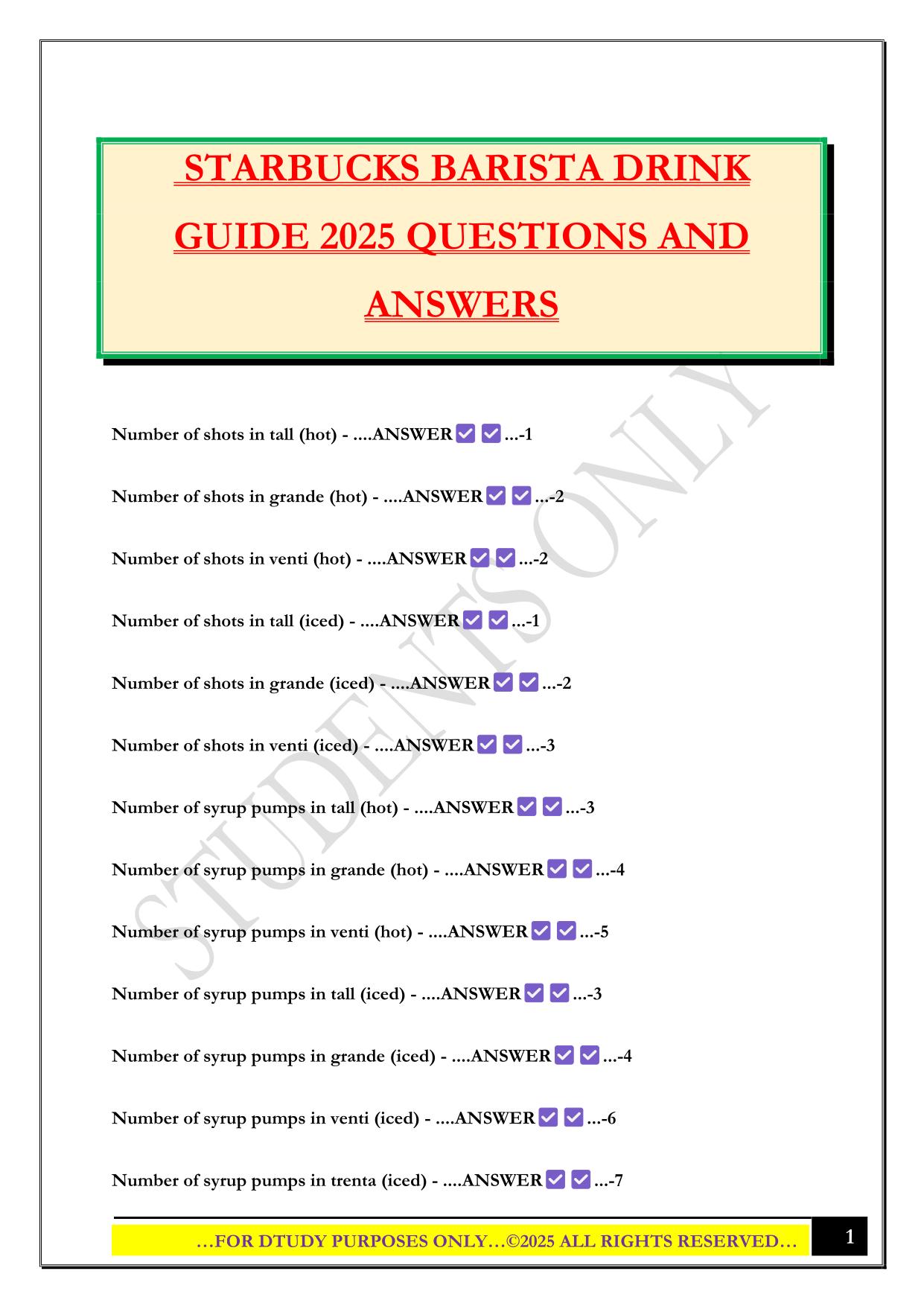 STARBUCKS BARISTA DRINK GUIDE 2025 QUESTIONS AND ANSWERS