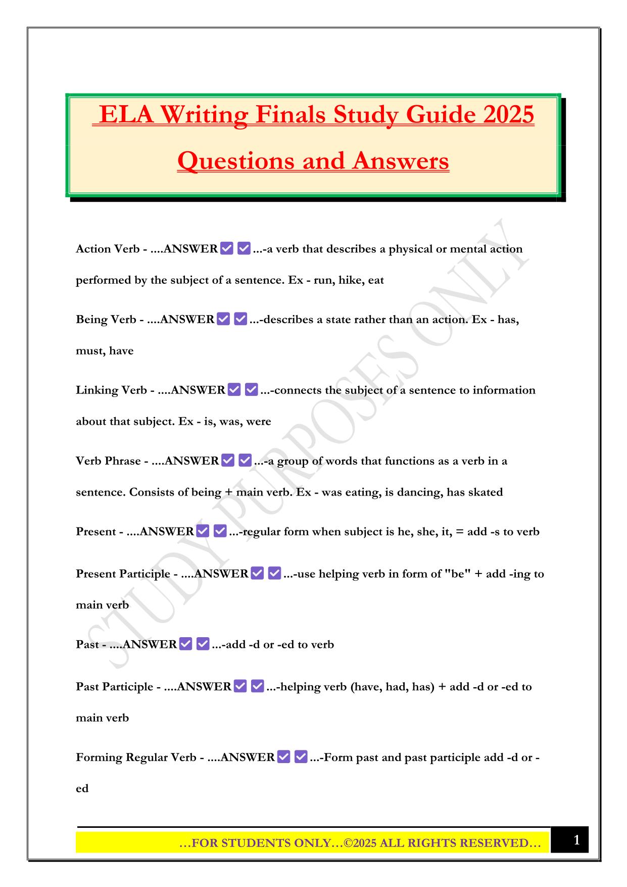 ELA Writing Finals Study Guide 2025 Questions and Answers