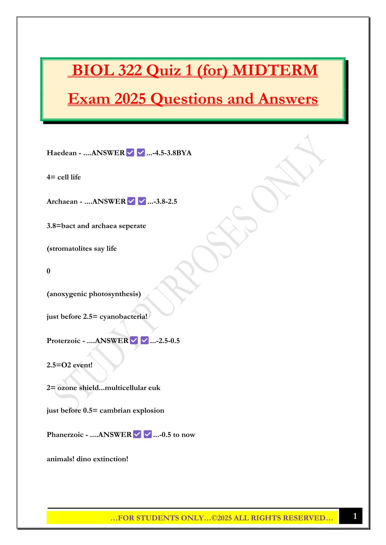 BIOL 322 Quiz 1 (for) MIDTERM Exam 2025 Questions and Answers